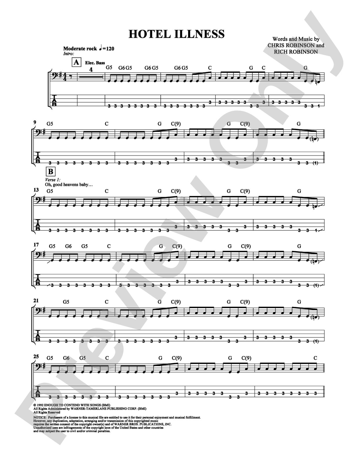 Hotel Illness: Bass TAB Digital Sheet Music