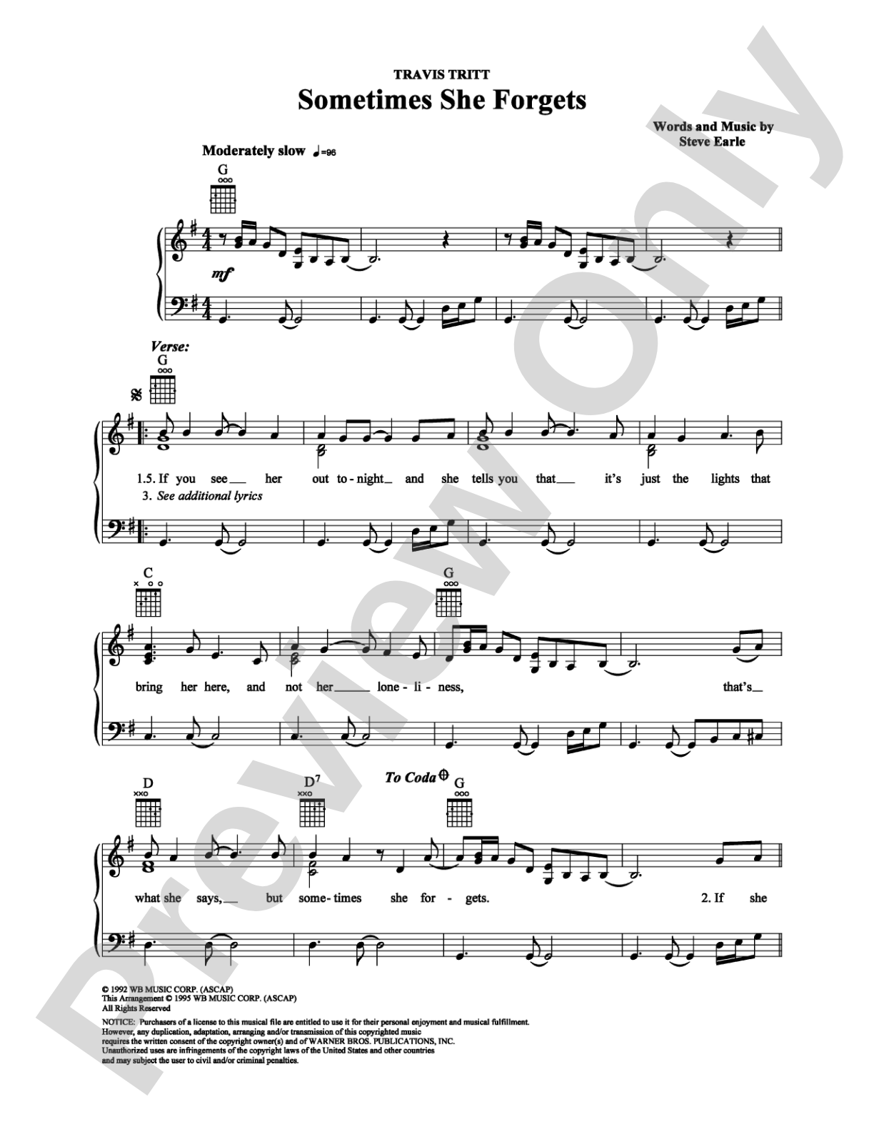 Sometimes She Forgets: Piano/Vocal/Chords Digital Sheet Music