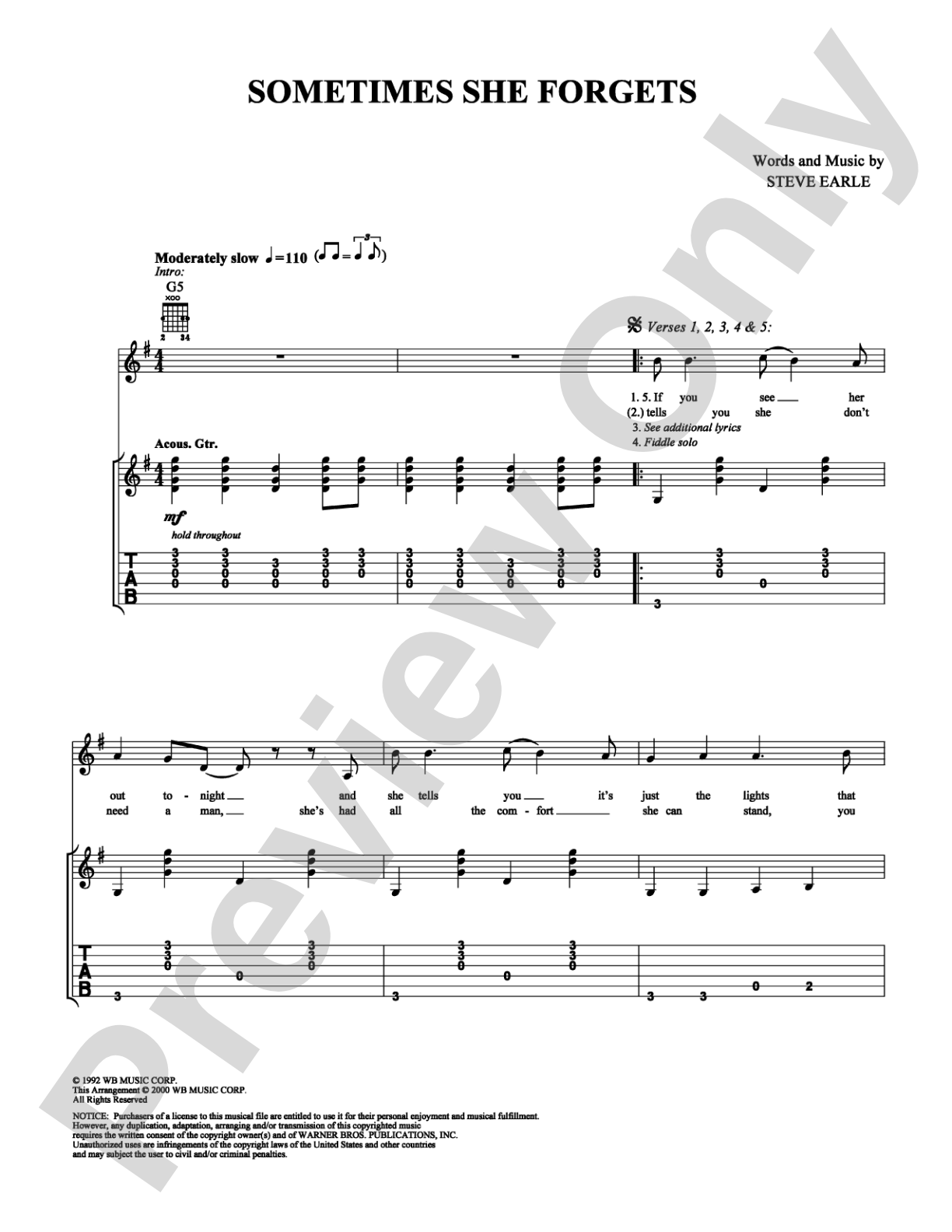 Sometimes She Forgets: Guitar TAB Digital Sheet Music