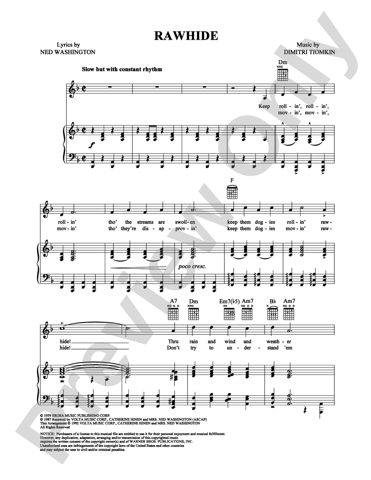 Rawhide: Piano/Vocal/Chords Digital Sheet Music