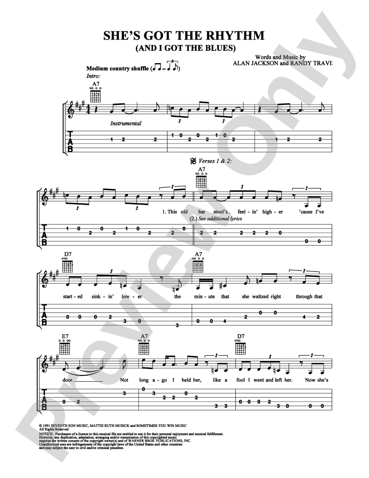 She's Got the Rhythm (And I Got the Blues): Easy Guitar Digital Sheet Music