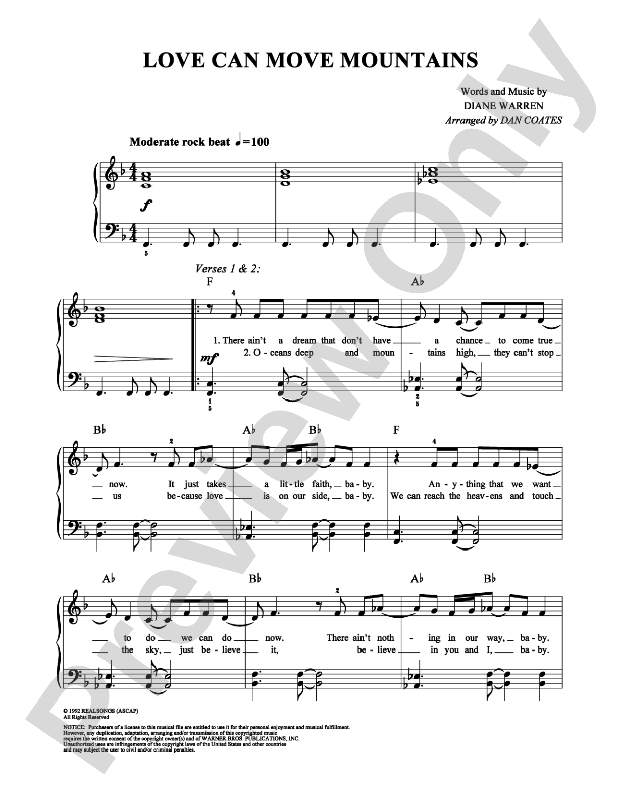 Love Can Move Mountains: Easy Piano Digital Sheet Music