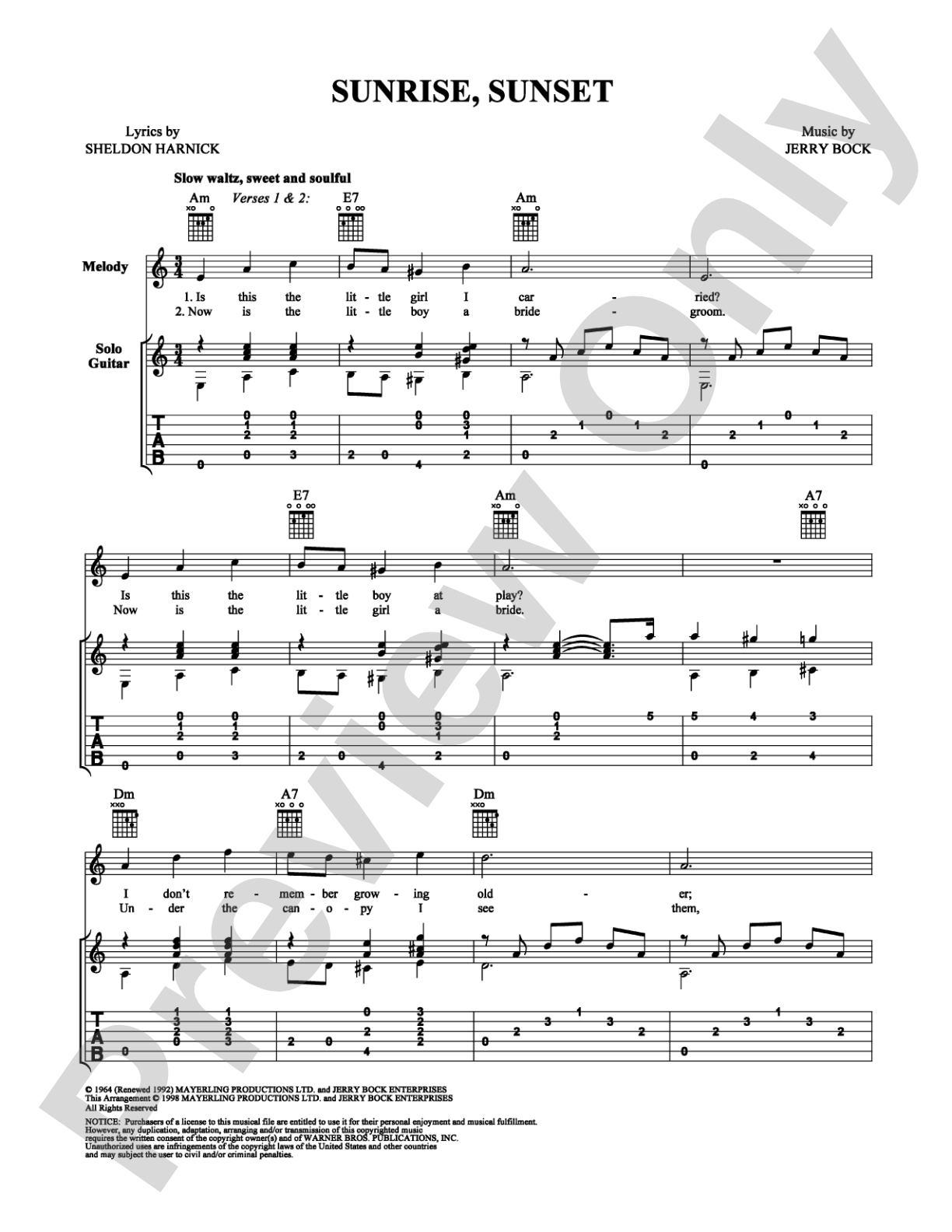 Sunrise, Sunset: Guitar TAB Digital Sheet Music