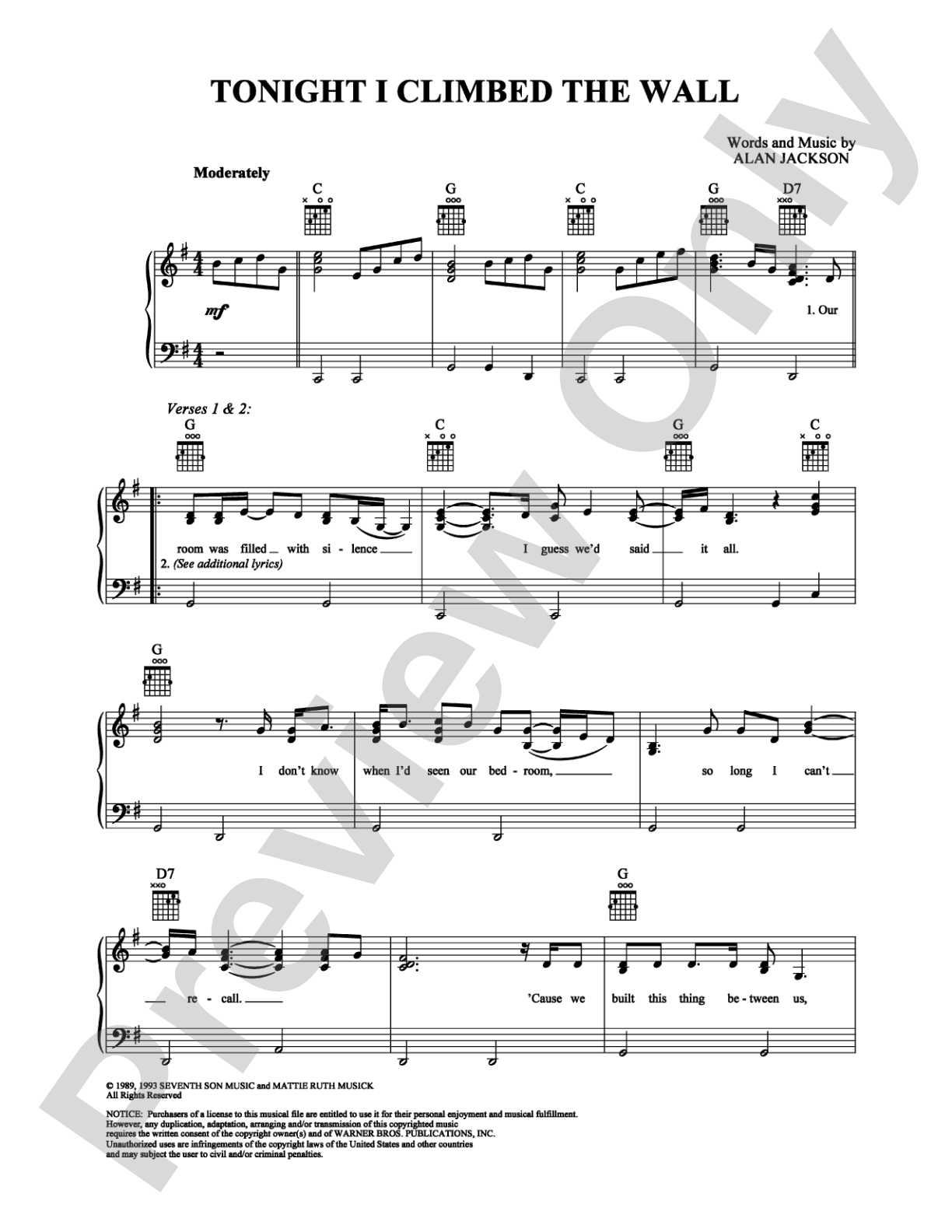 Tonight I Climbed the Wall: Piano/Vocal/Chords Digital Sheet Music