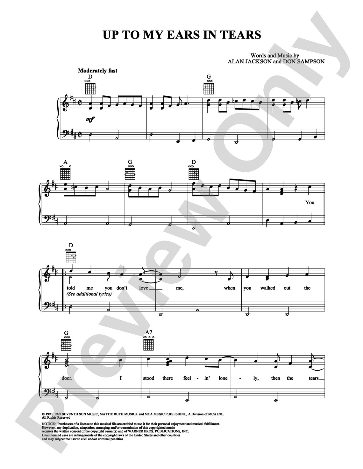 Up to My Ears in Tears: Piano/Vocal/Chords Digital Sheet Music
