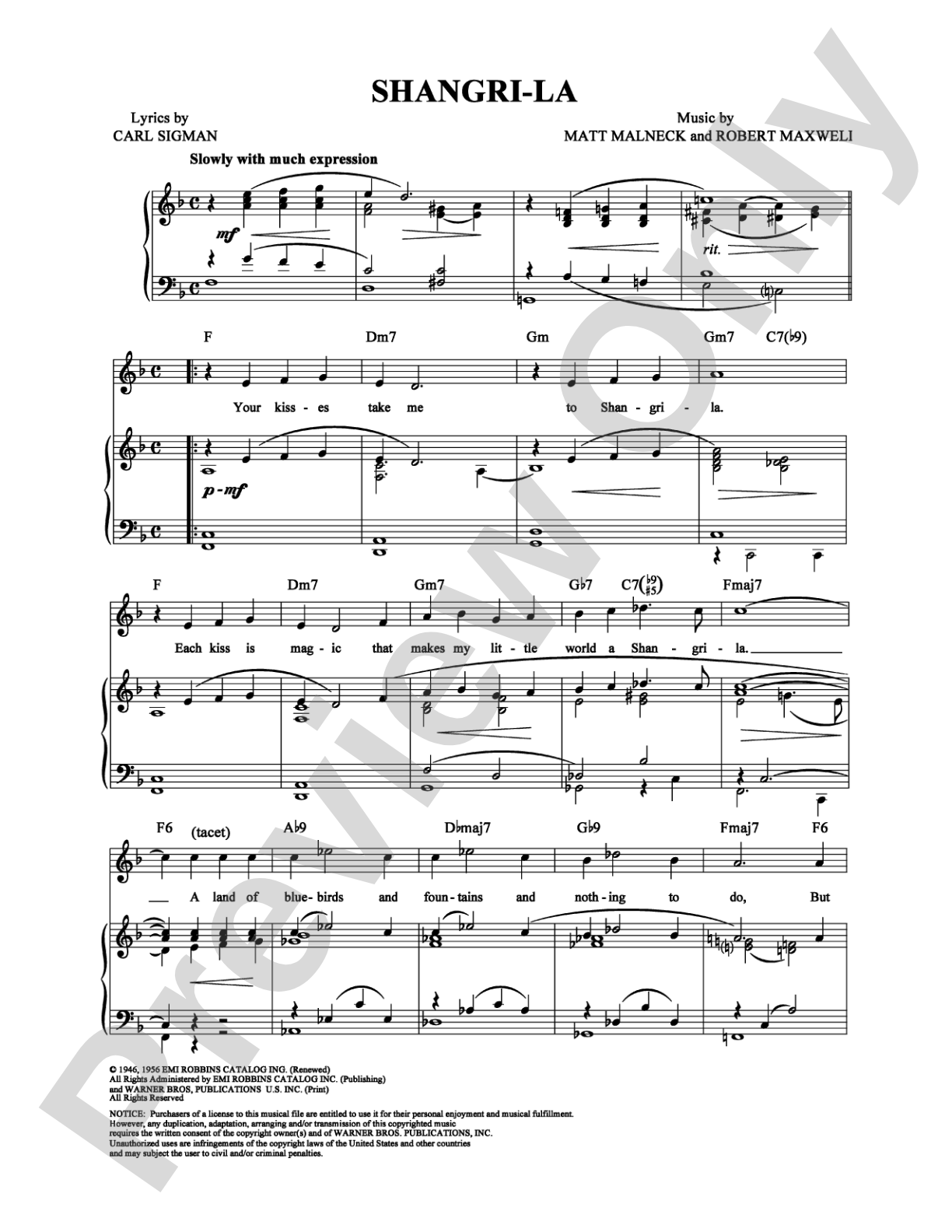 Shangri-La: Piano/Vocal/Chords Digital Sheet Music