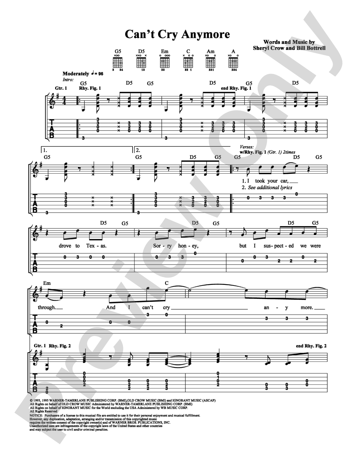 Can't Cry Anymore: Easy Guitar Digital Sheet Music
