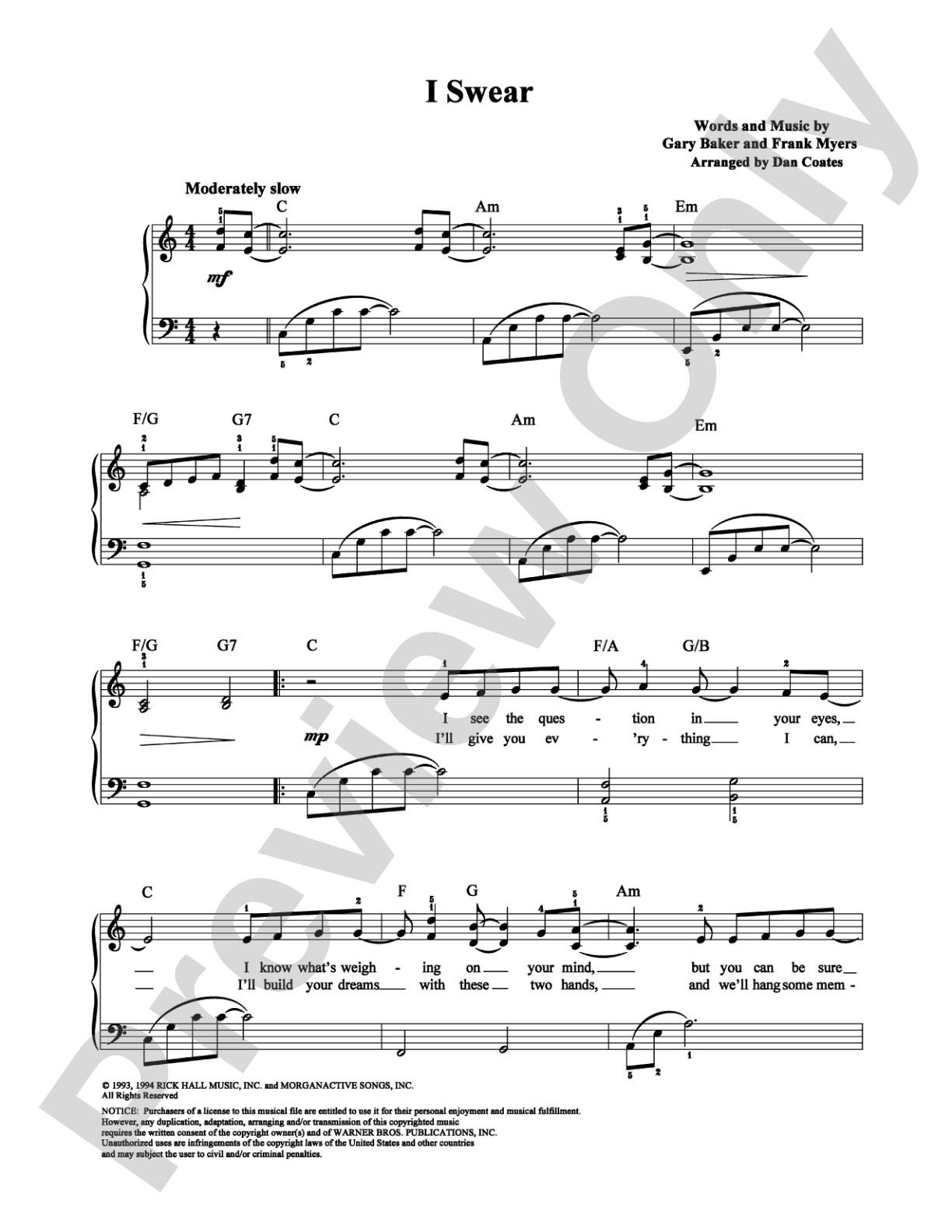I Swear: Easy Piano Digital Sheet Music