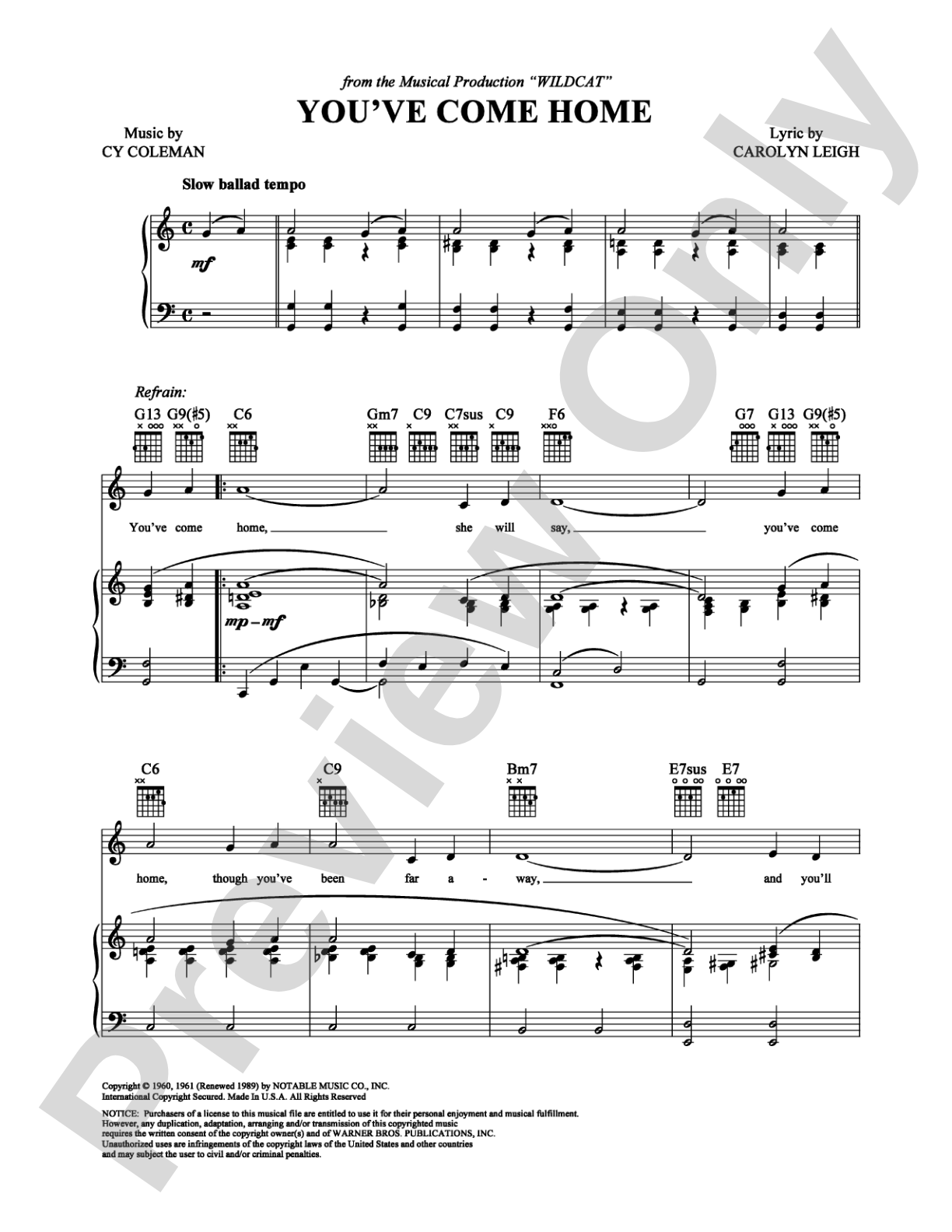You've Come Home: Piano/Vocal/Chords Digital Sheet Music