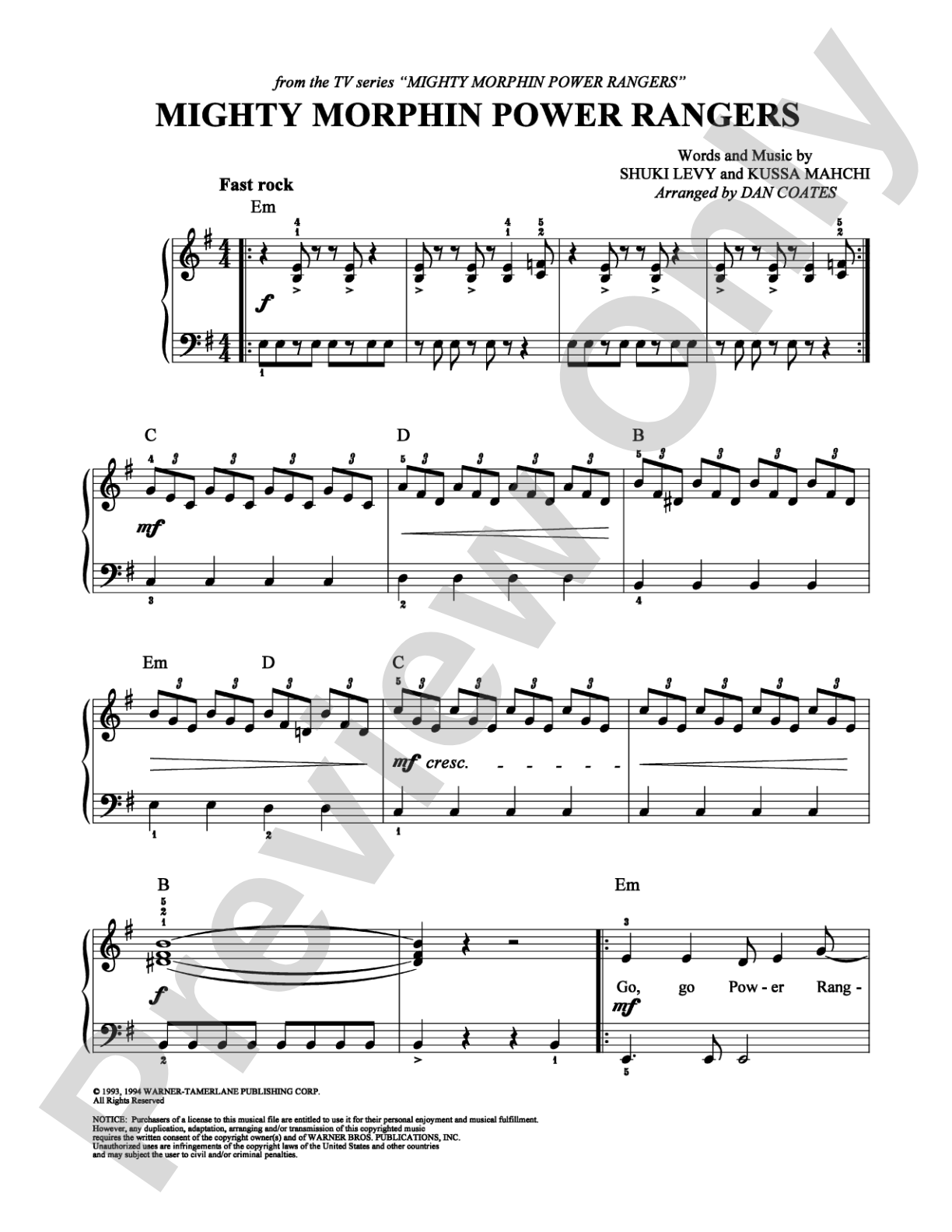 Mighty Morphin Power Rangers: Easy Piano Digital Sheet Music