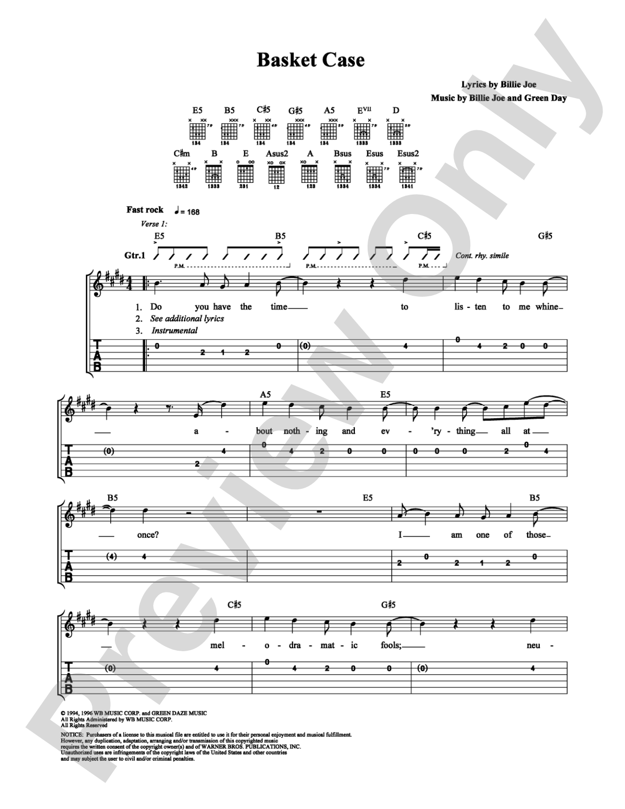 Basket Case: Easy Guitar Digital Sheet Music