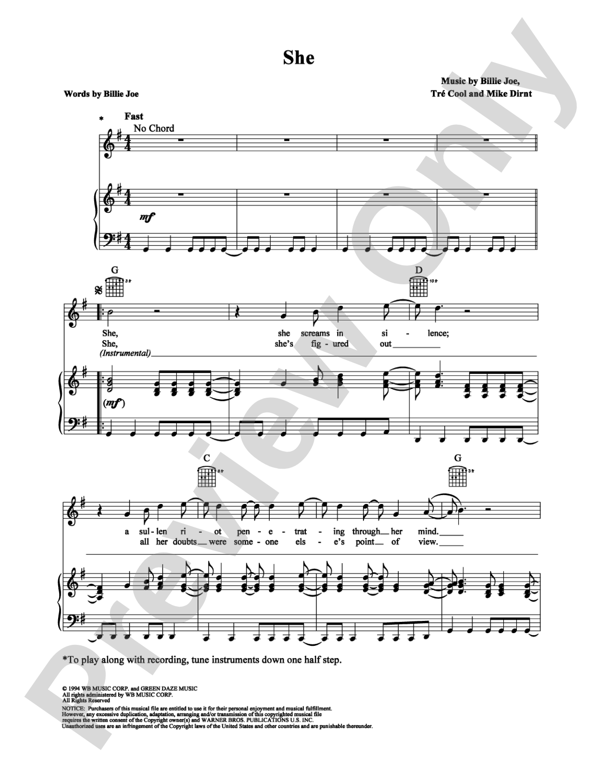 She: Piano/Vocal/Chords Digital Sheet Music