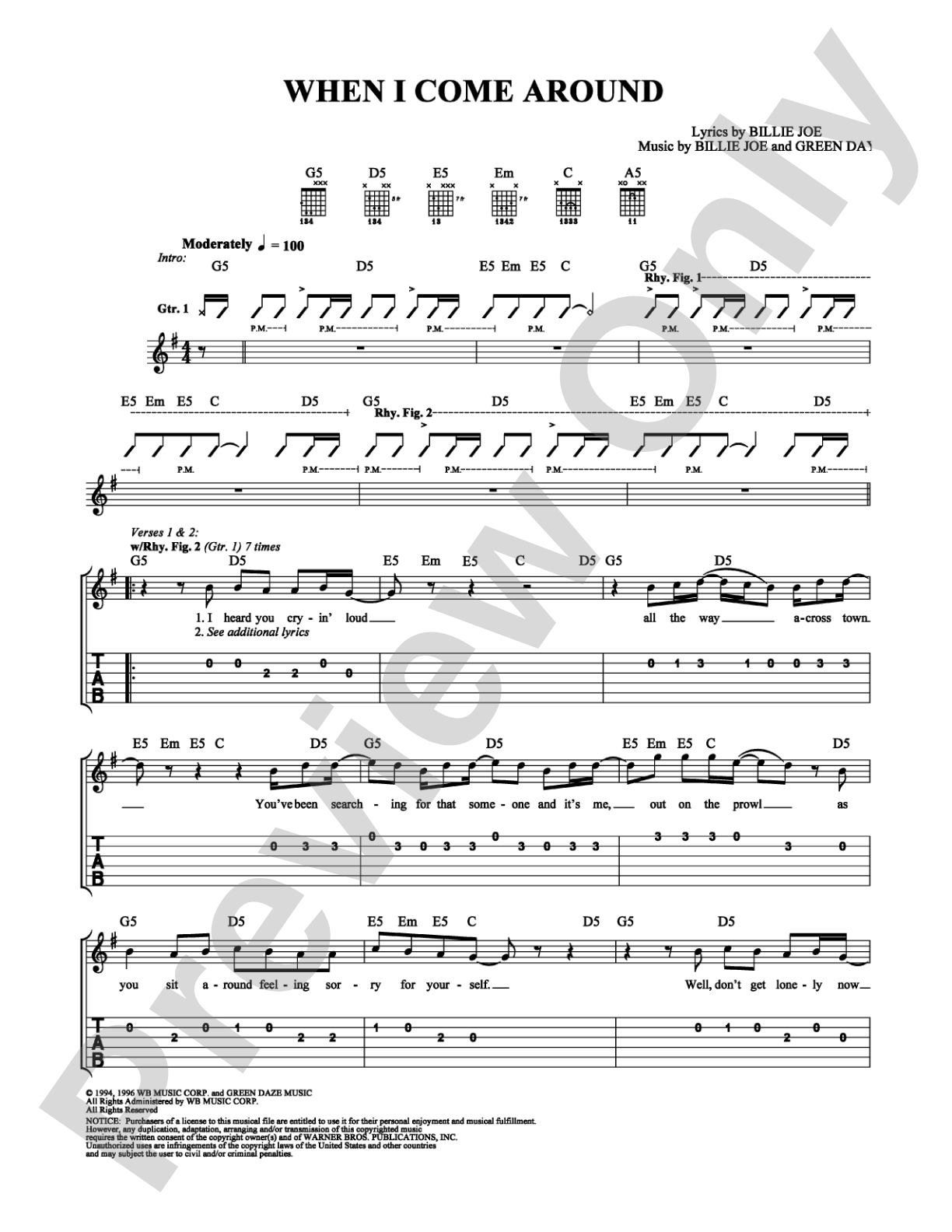 When I Come Around: Easy Guitar Digital Sheet Music