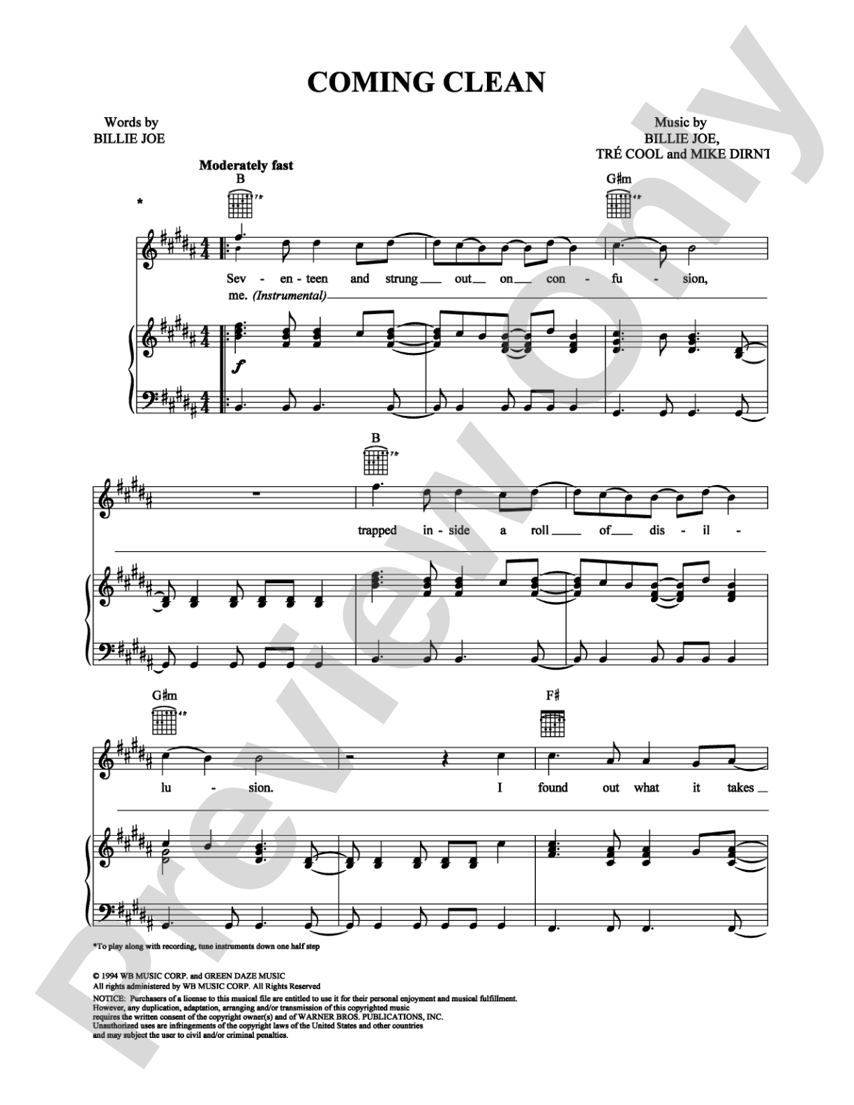 Coming Clean: Piano/Vocal/Chords Digital Sheet Music