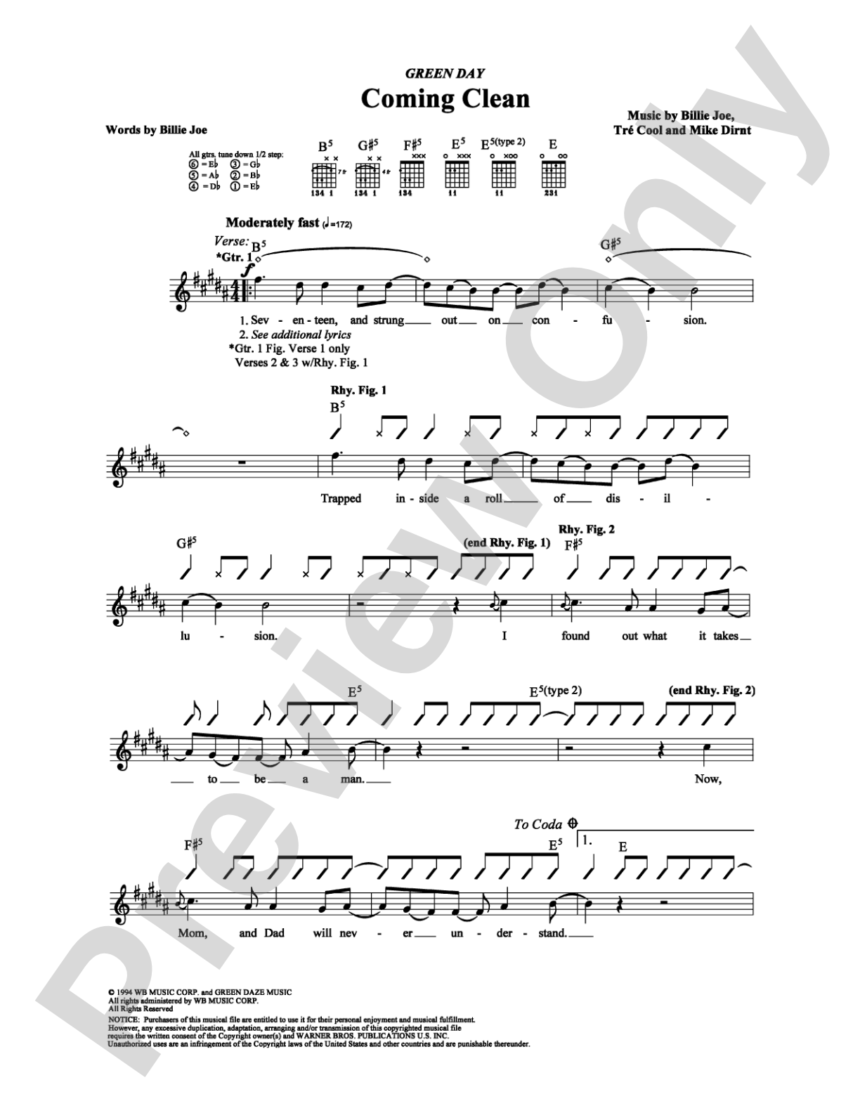 Coming Clean: Guitar TAB Digital Sheet Music