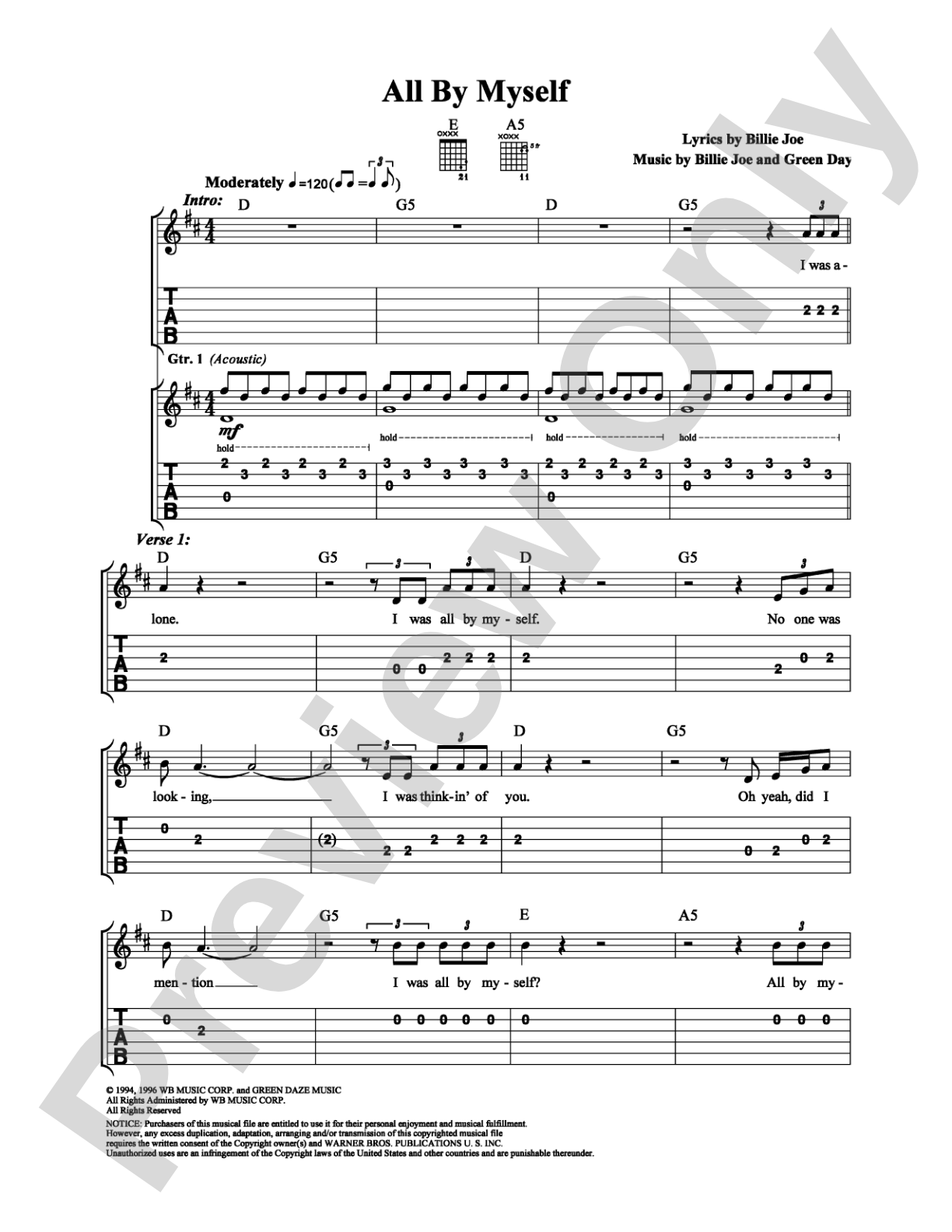 All By Myself: Easy Guitar Digital Sheet Music