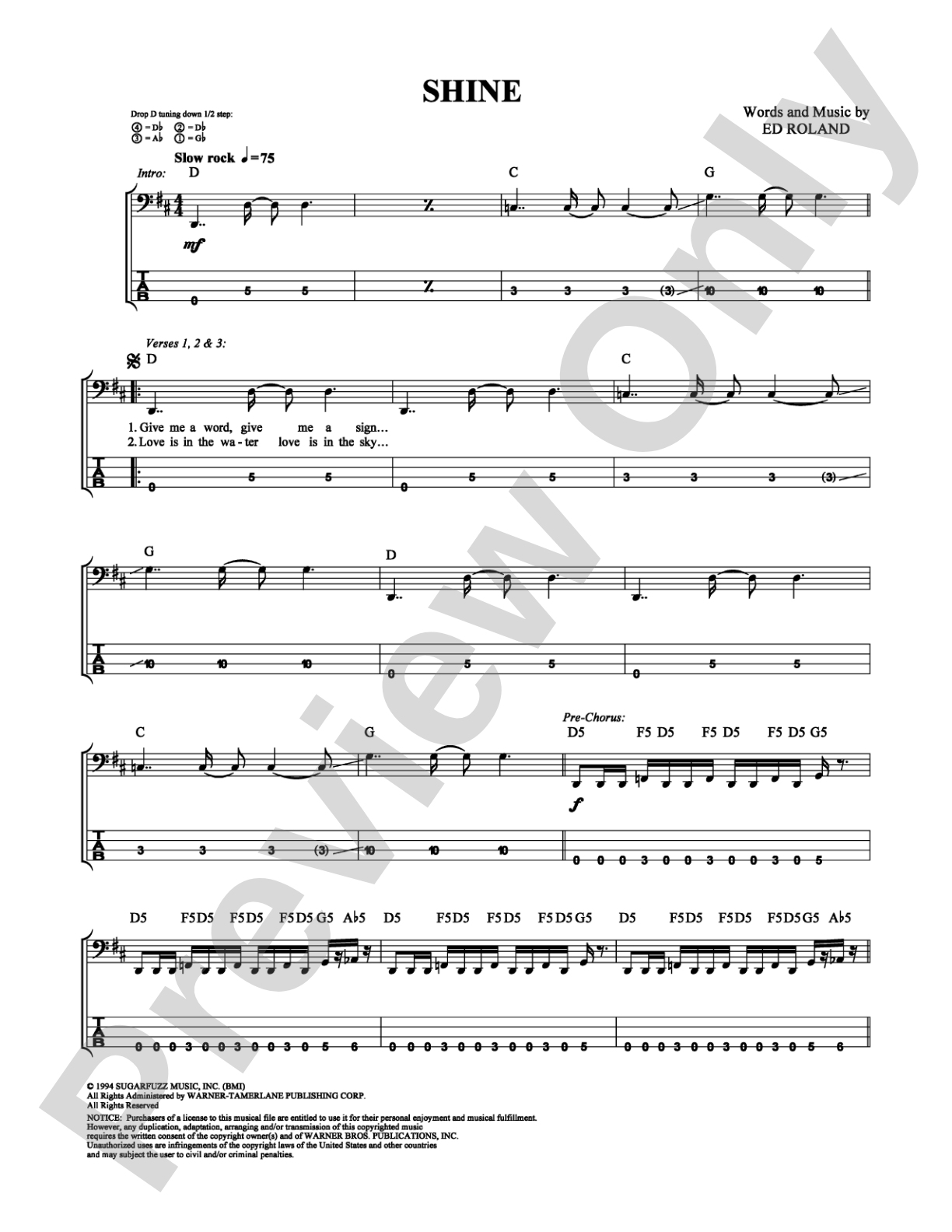 Shine: Bass TAB Digital Sheet Music