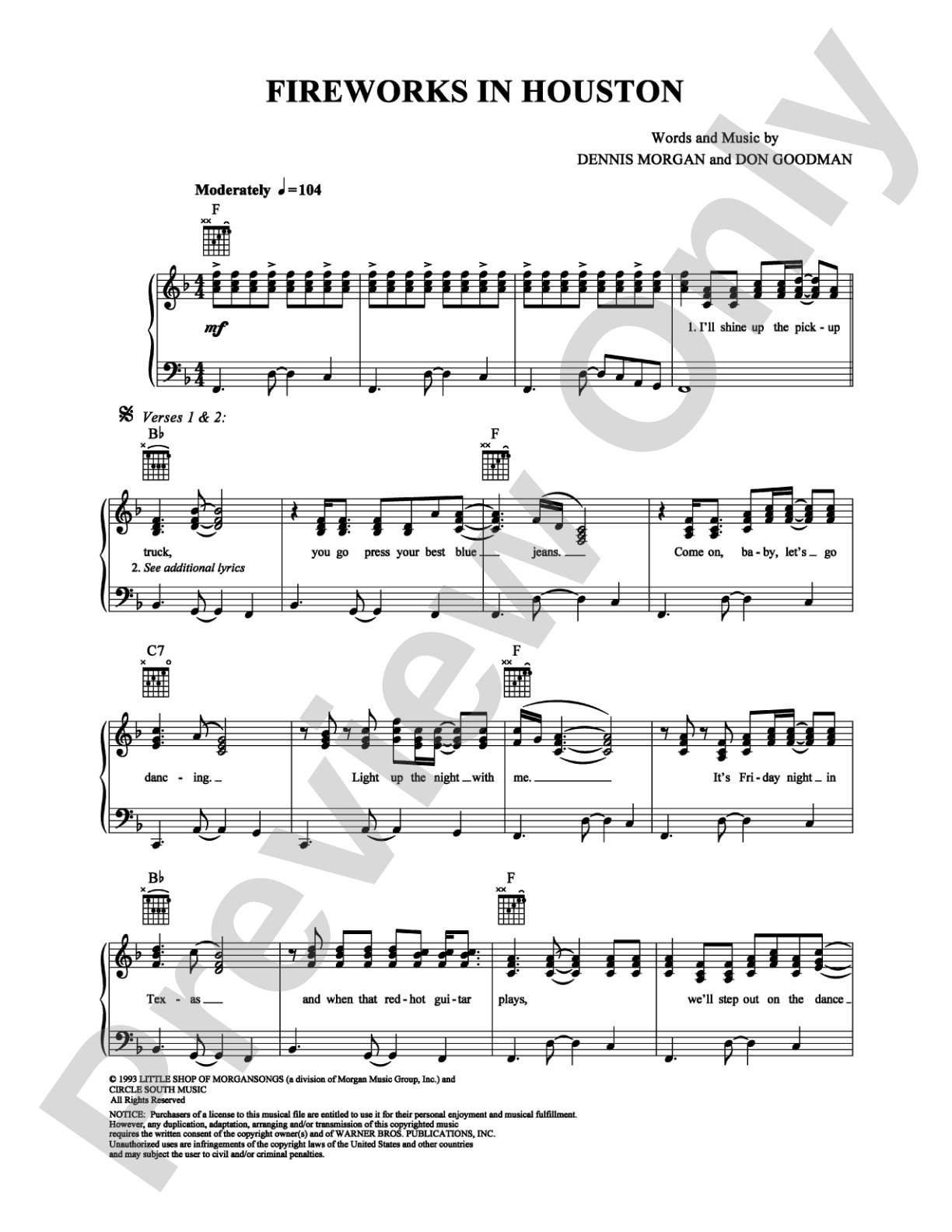 Fireworks in Houston: Piano/Vocal/Chords Digital Sheet Music