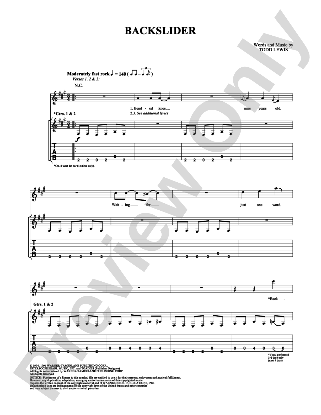 Backslider: Guitar TAB Digital Sheet Music