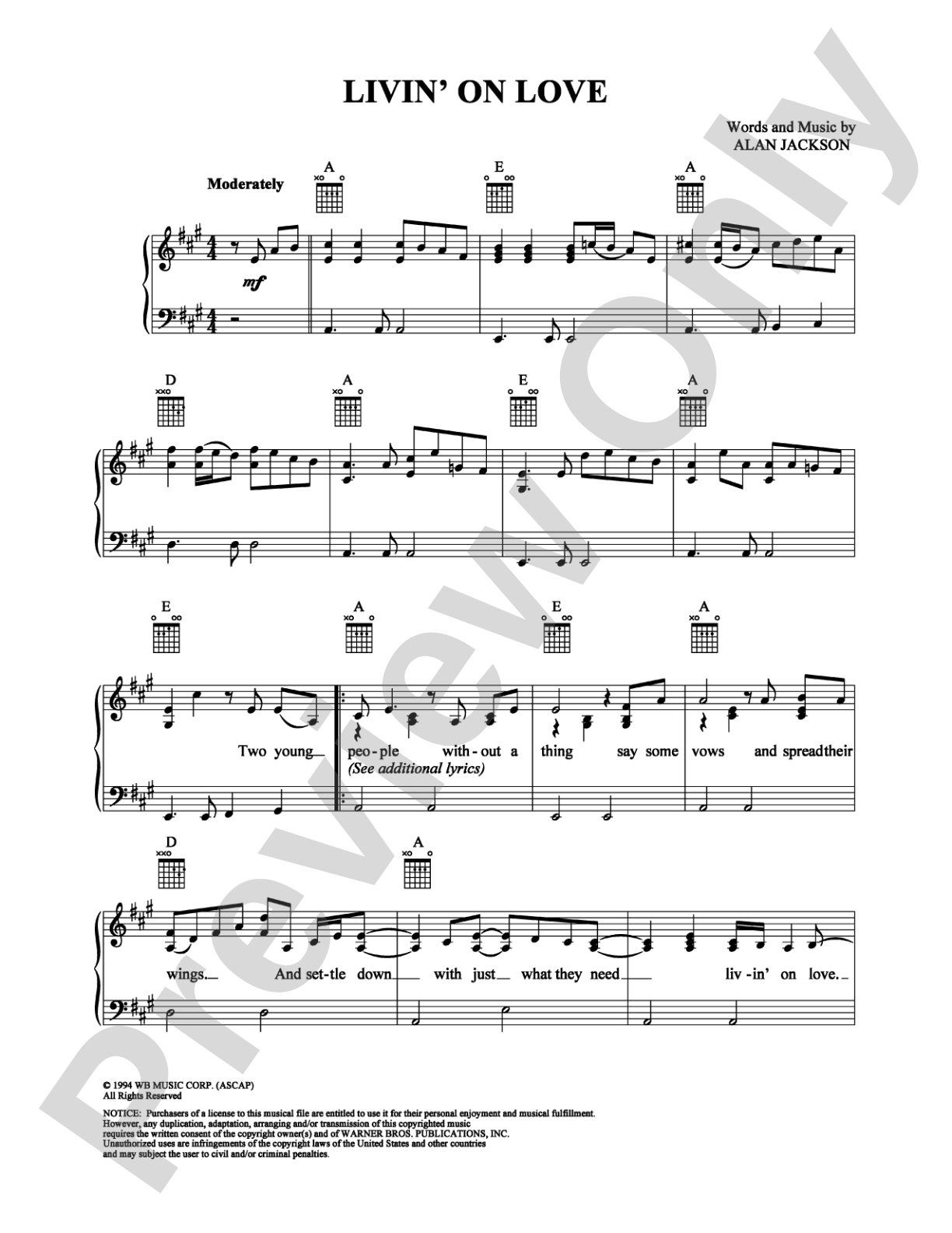 Livin' On Love: Piano/Vocal/Chords Digital Sheet Music