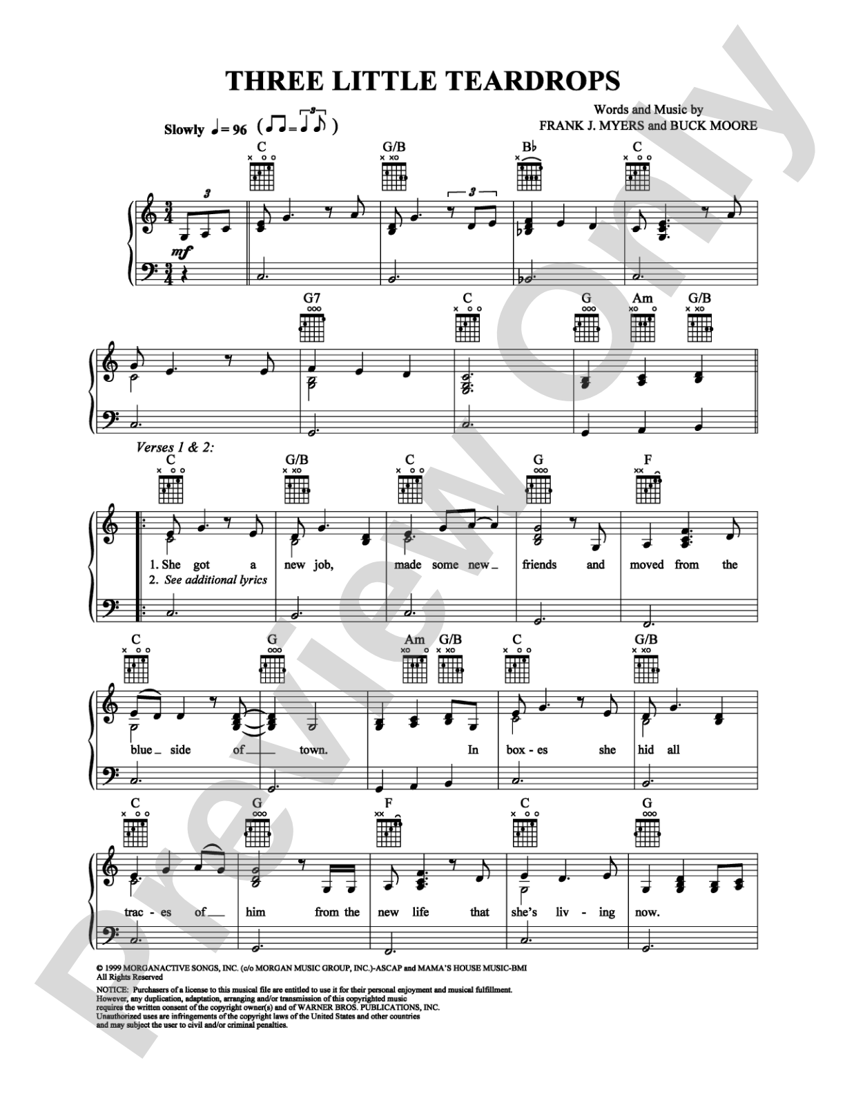 Three Little Teardrops: Piano/Vocal/Chords Digital Sheet Music