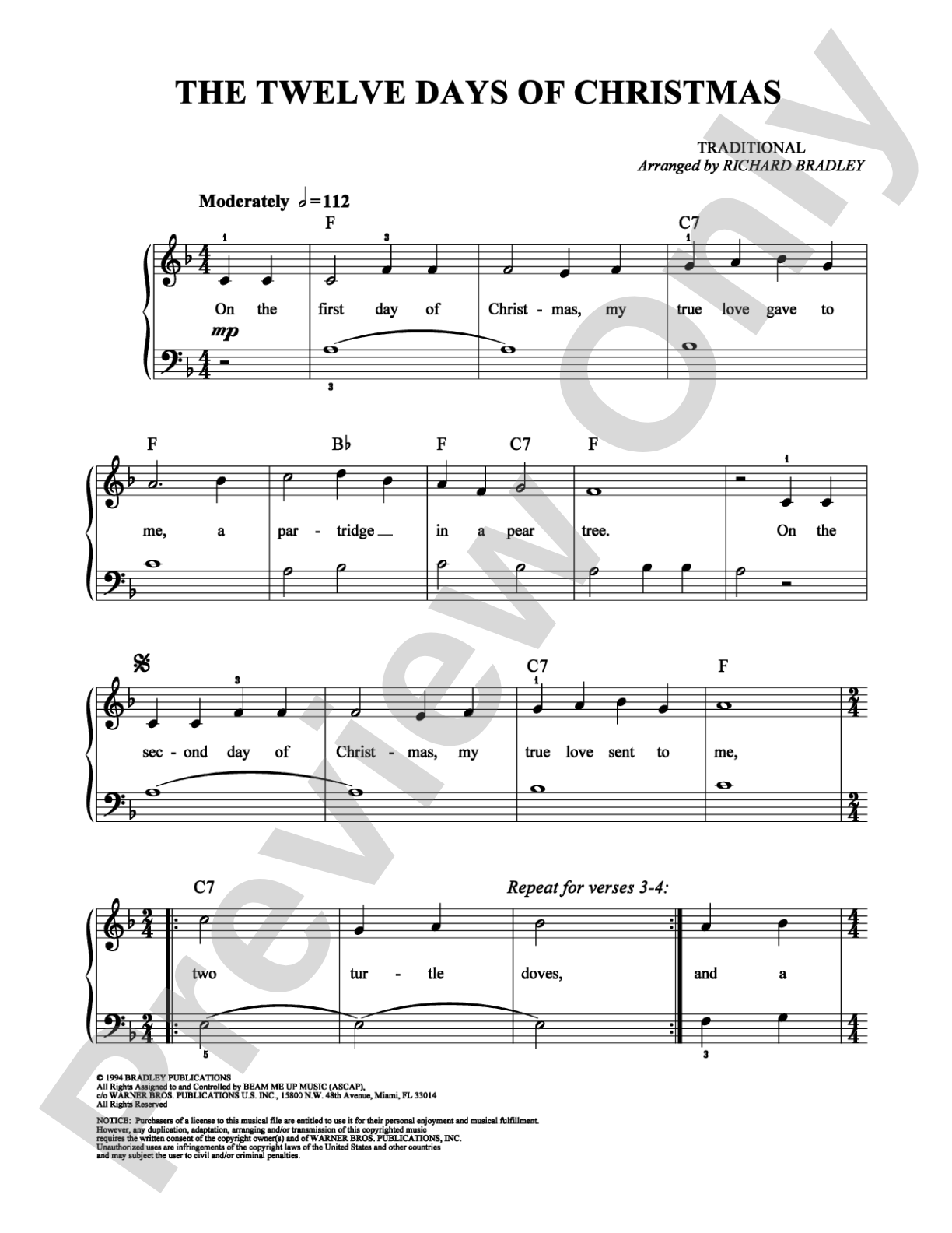 The Twelve Days of Christmas: Easy Piano Digital Sheet Music