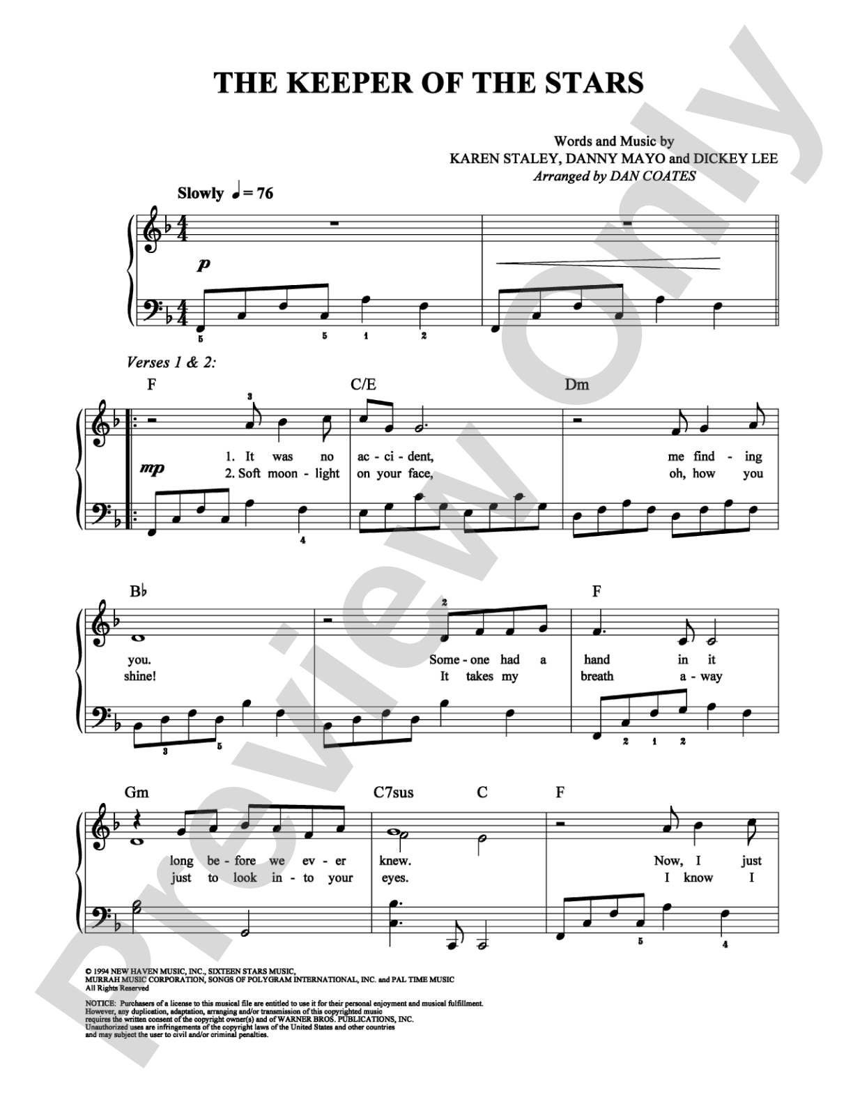 The Keeper of the Stars: Easy Piano Digital Sheet Music