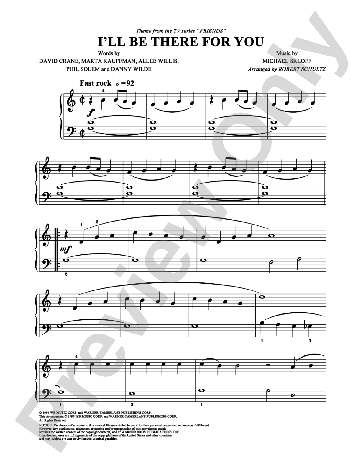 I'll Be There For You: Easy Piano Digital Sheet Music