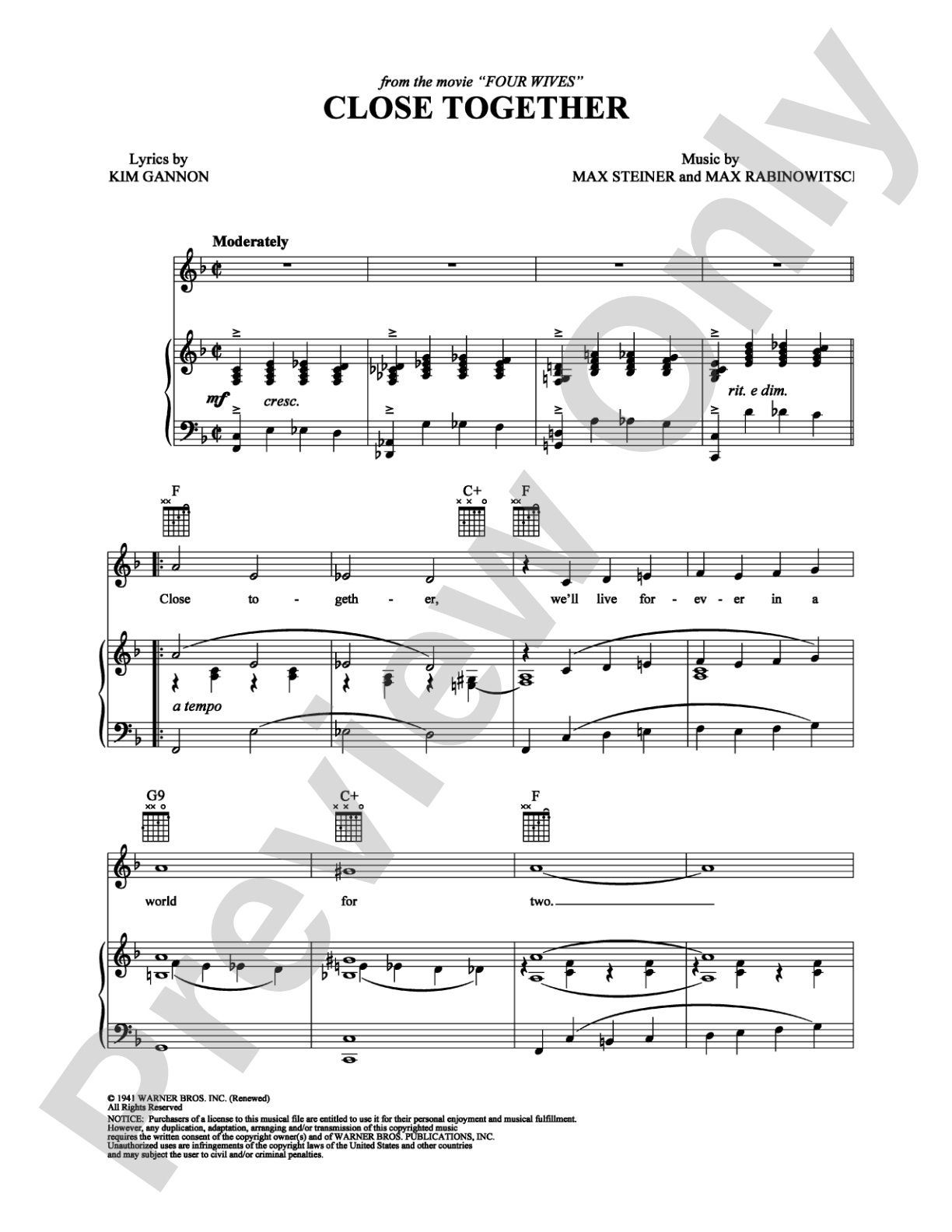 Close Together: Piano/Vocal/Chords Digital Sheet Music