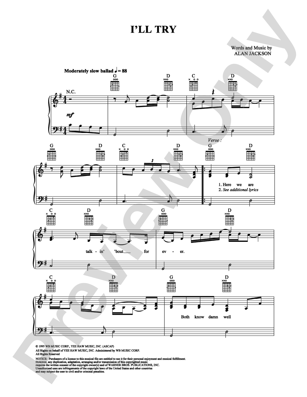I'll Try: Piano/Vocal/Chords Digital Sheet Music
