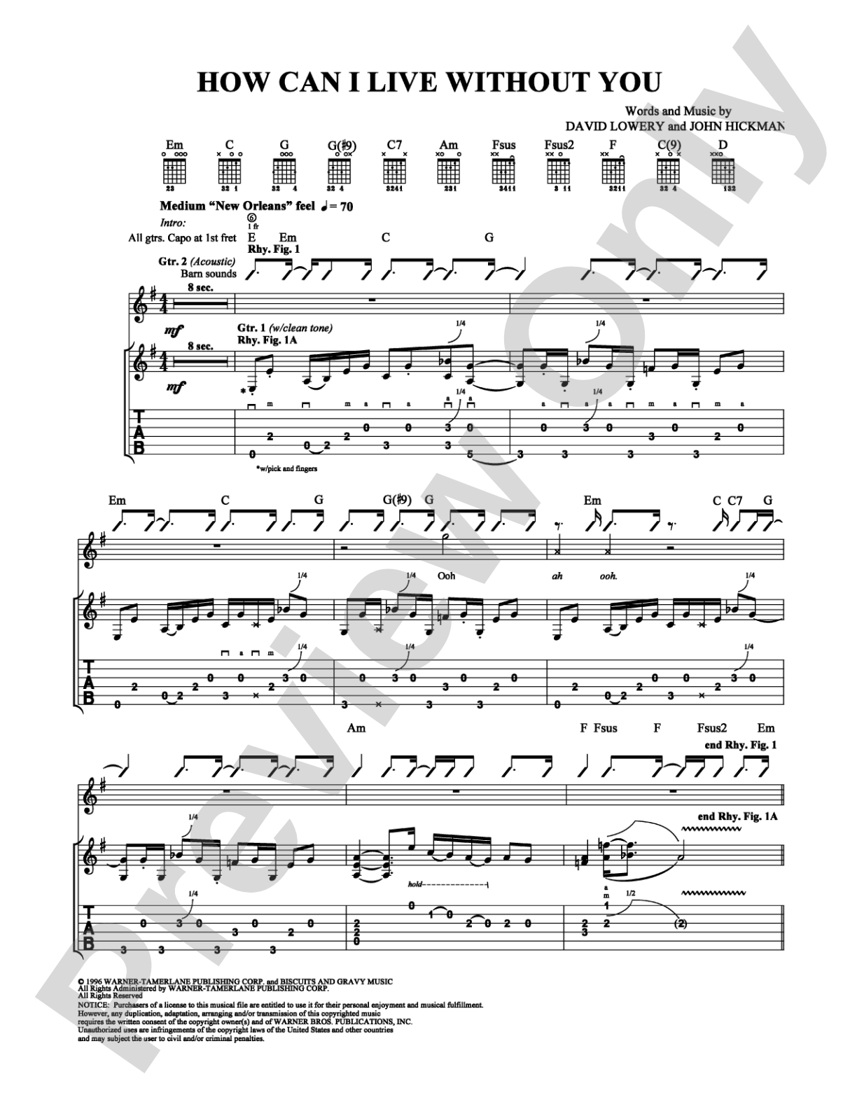 How Can I Live Without You: Guitar TAB Digital Sheet Music