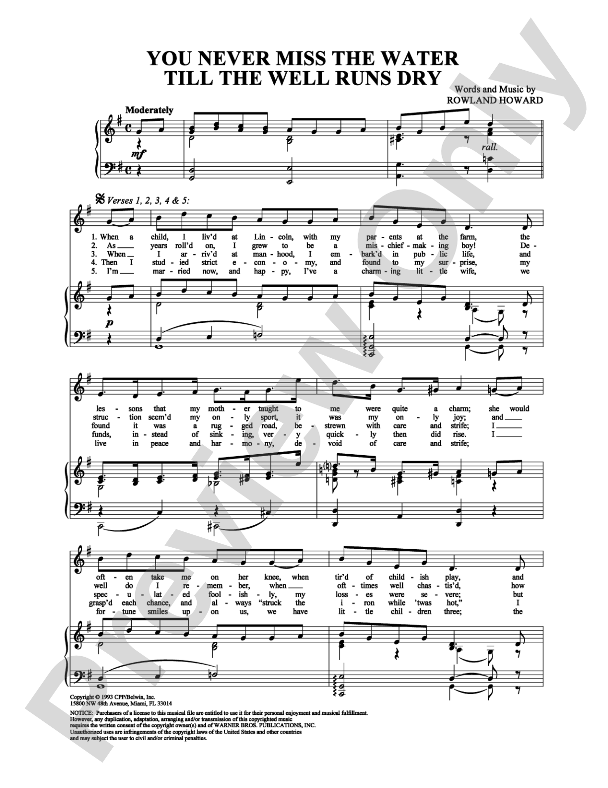 You Never Miss the Water Till the Well Runs Dry: Piano/Vocal/Chords Digital Sheet Music