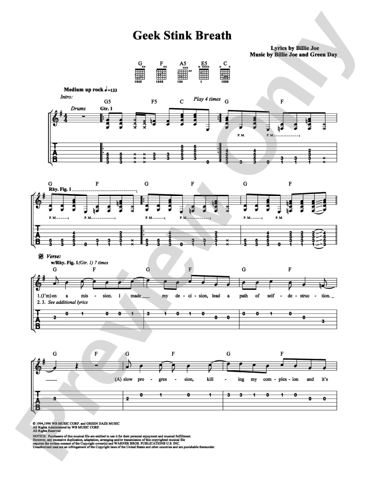 Geek Stink Breath: Easy Guitar Digital Sheet Music