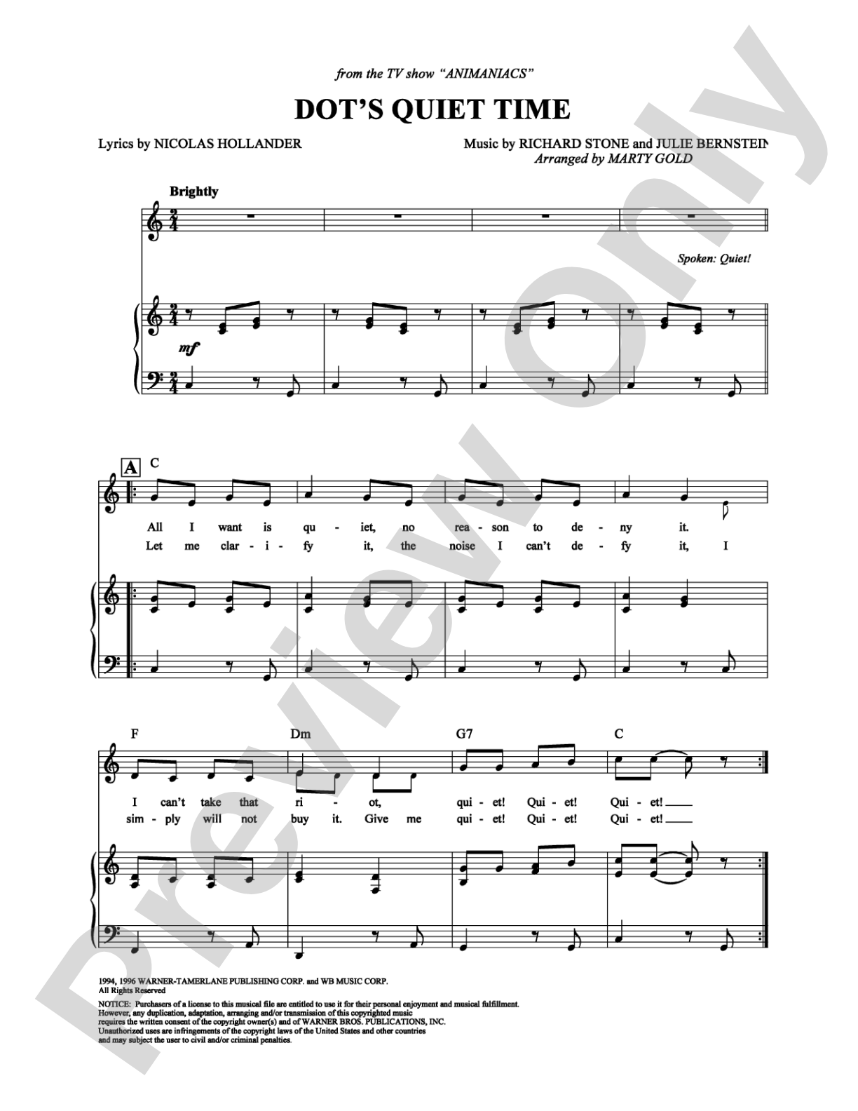 Dot's Quiet Time: Piano/Vocal/Chords Digital Sheet Music