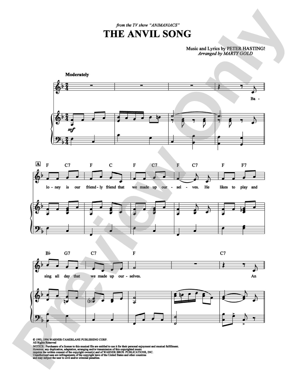 The Anvil Song: Piano/Vocal/Chords Digital Sheet Music