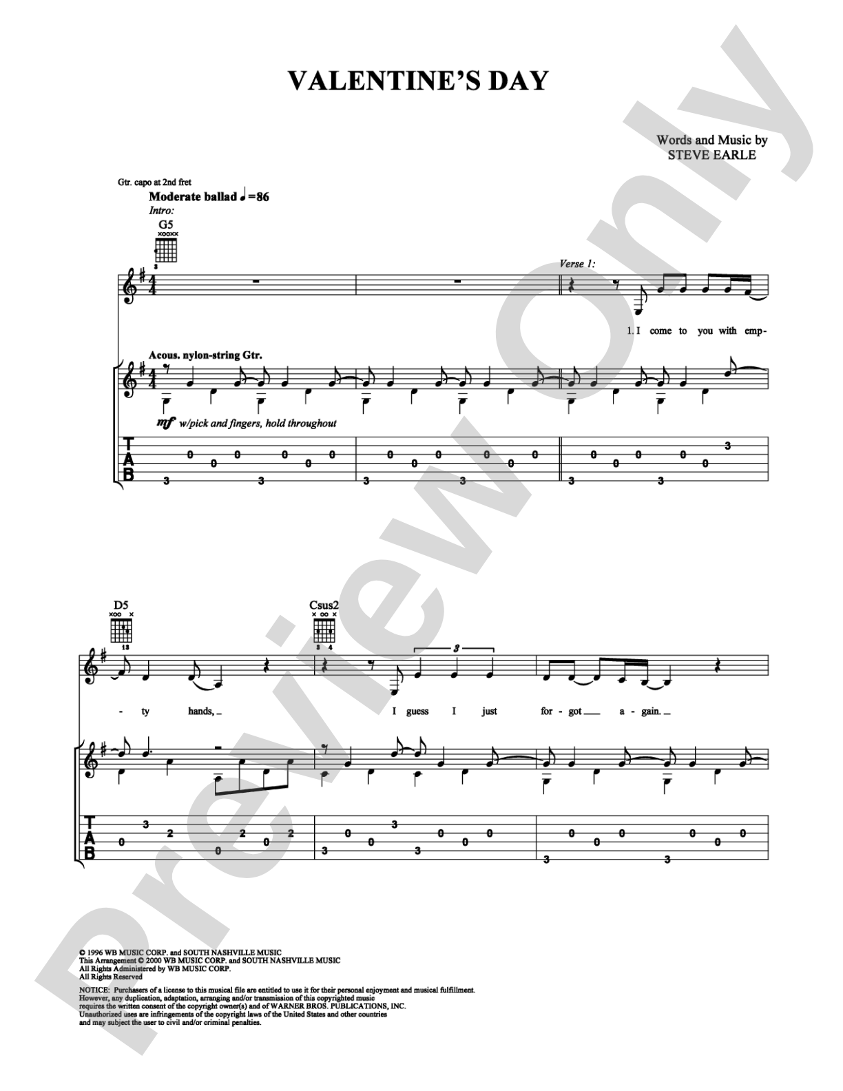 Valentine's Day: Guitar TAB Digital Sheet Music