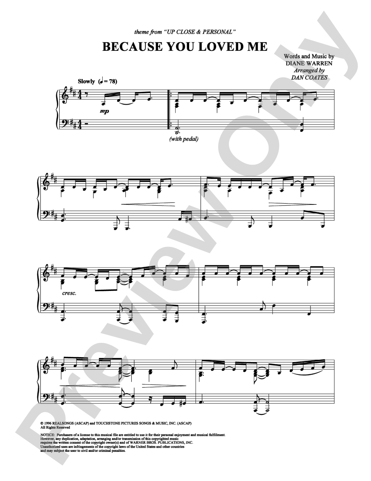 Because You Loved Me: Piano Digital Sheet Music
