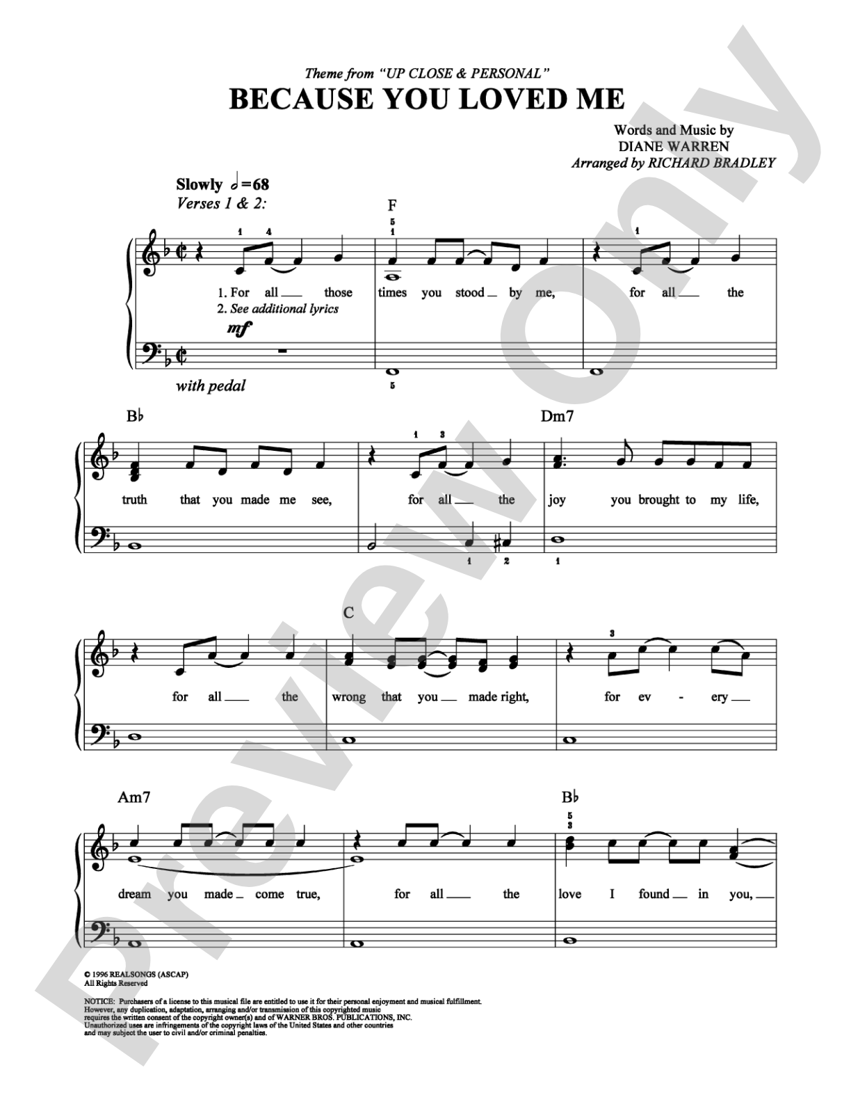 Because You Loved Me: Easy Piano Digital Sheet Music