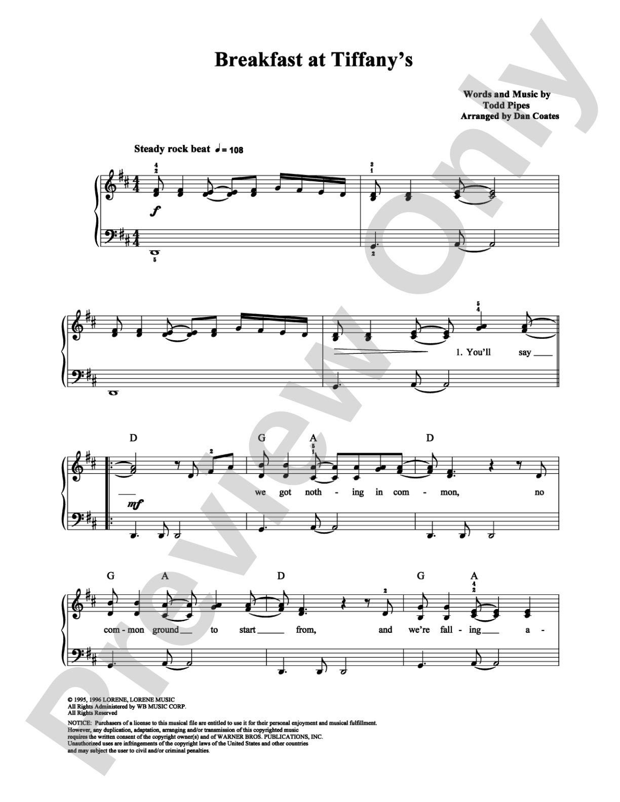 Breakfast at Tiffany's: Easy Piano Digital Sheet Music