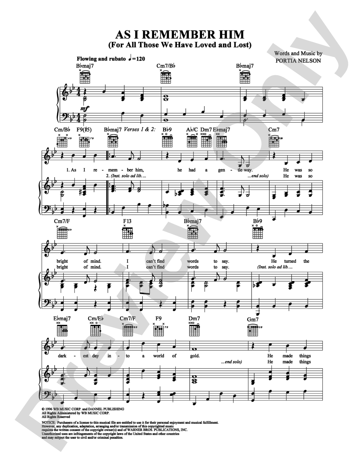 As I Remember Him: Piano/Vocal/Chords Digital Sheet Music