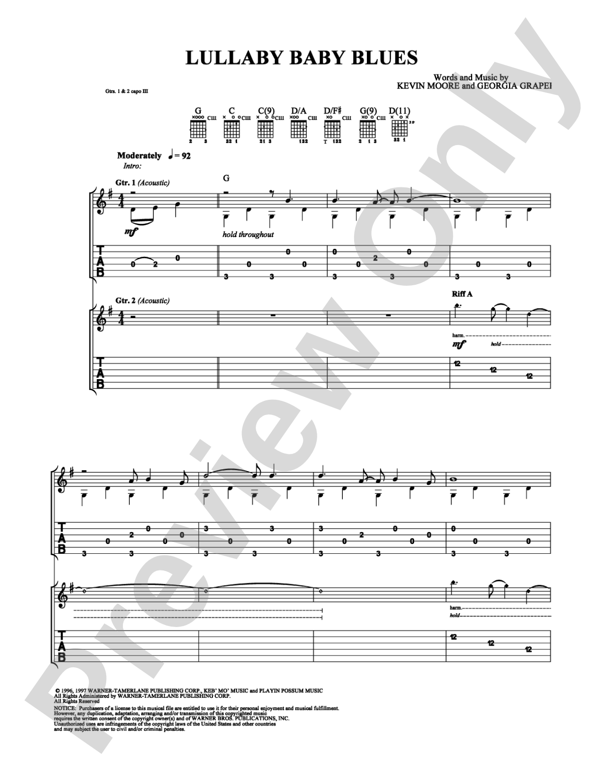 Lullaby Baby Blues: Guitar TAB Digital Sheet Music