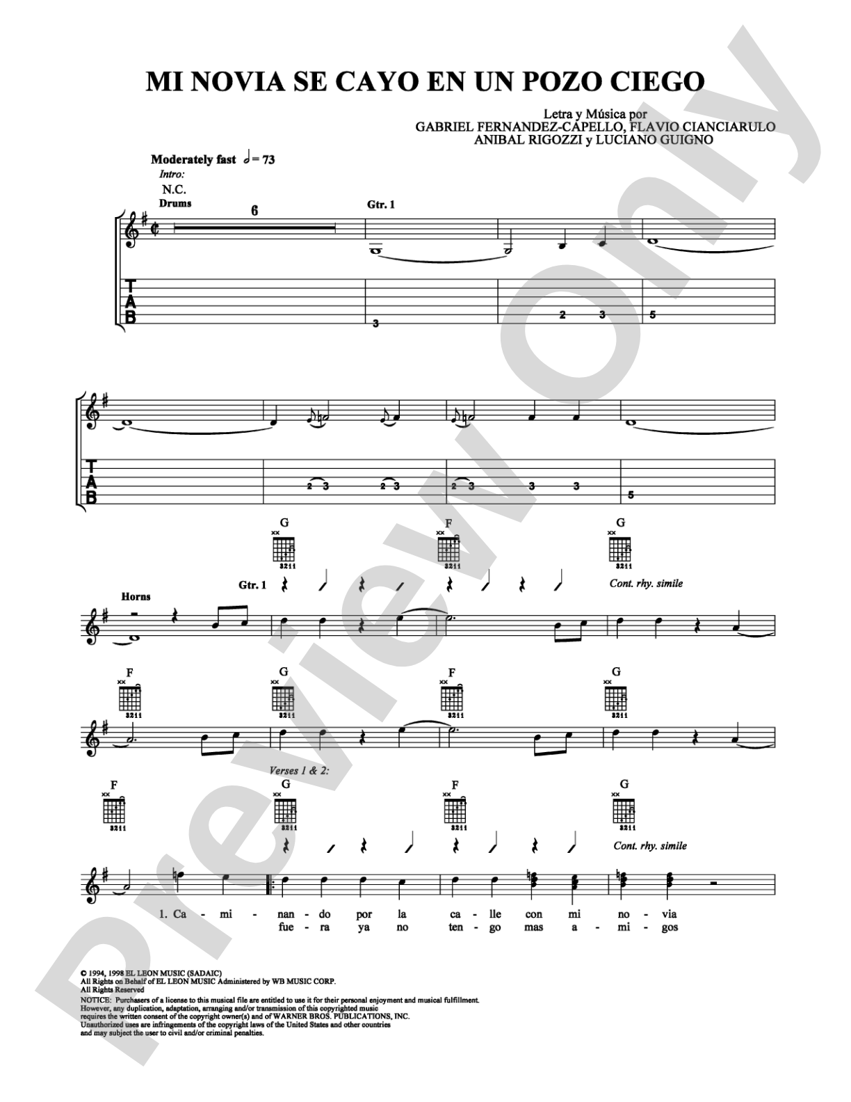 Mi Novia Se Cayo en un Pozo Ciego: Guitar TAB Digital Sheet Music