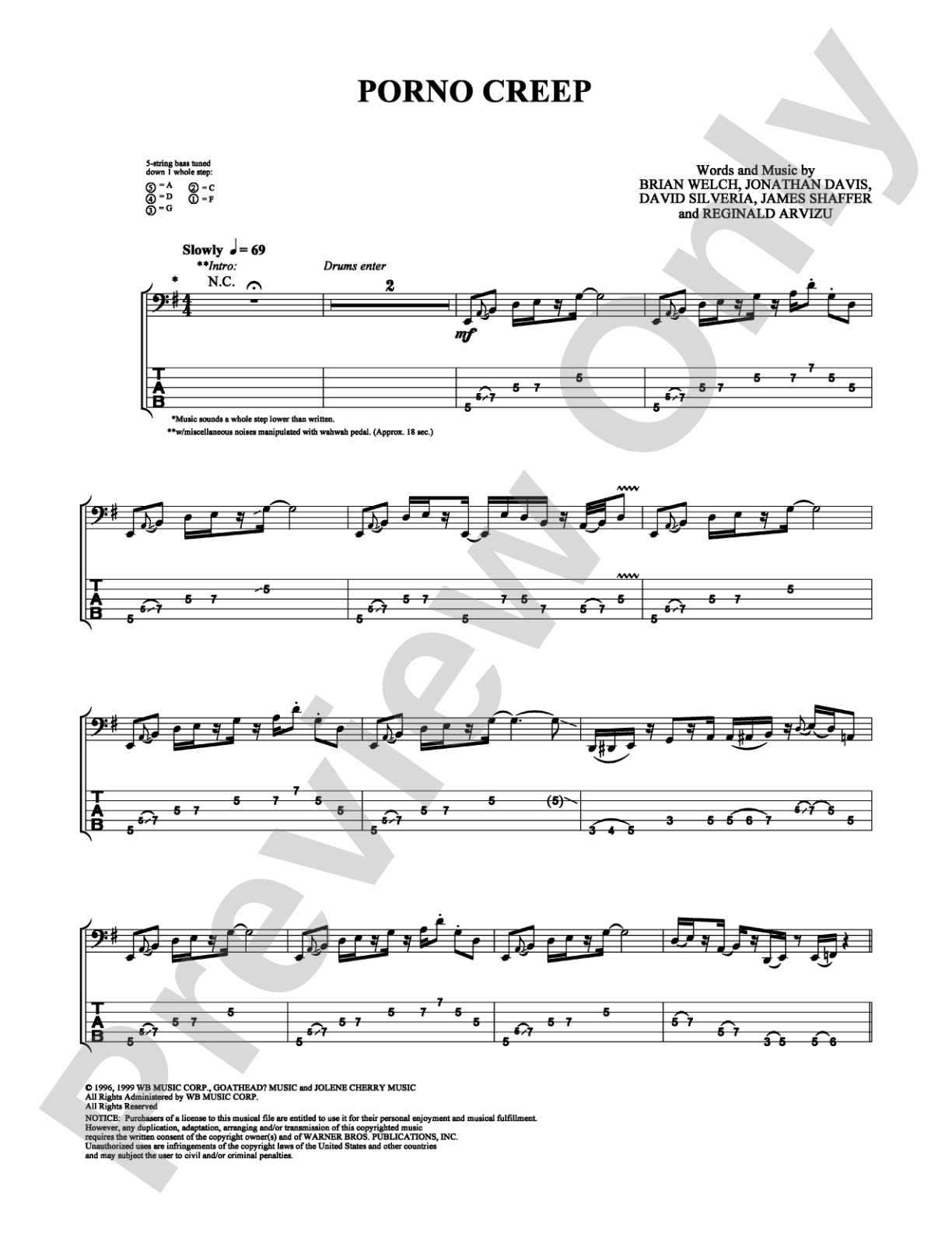 Porno Creep: Bass TAB Digital Sheet Music
