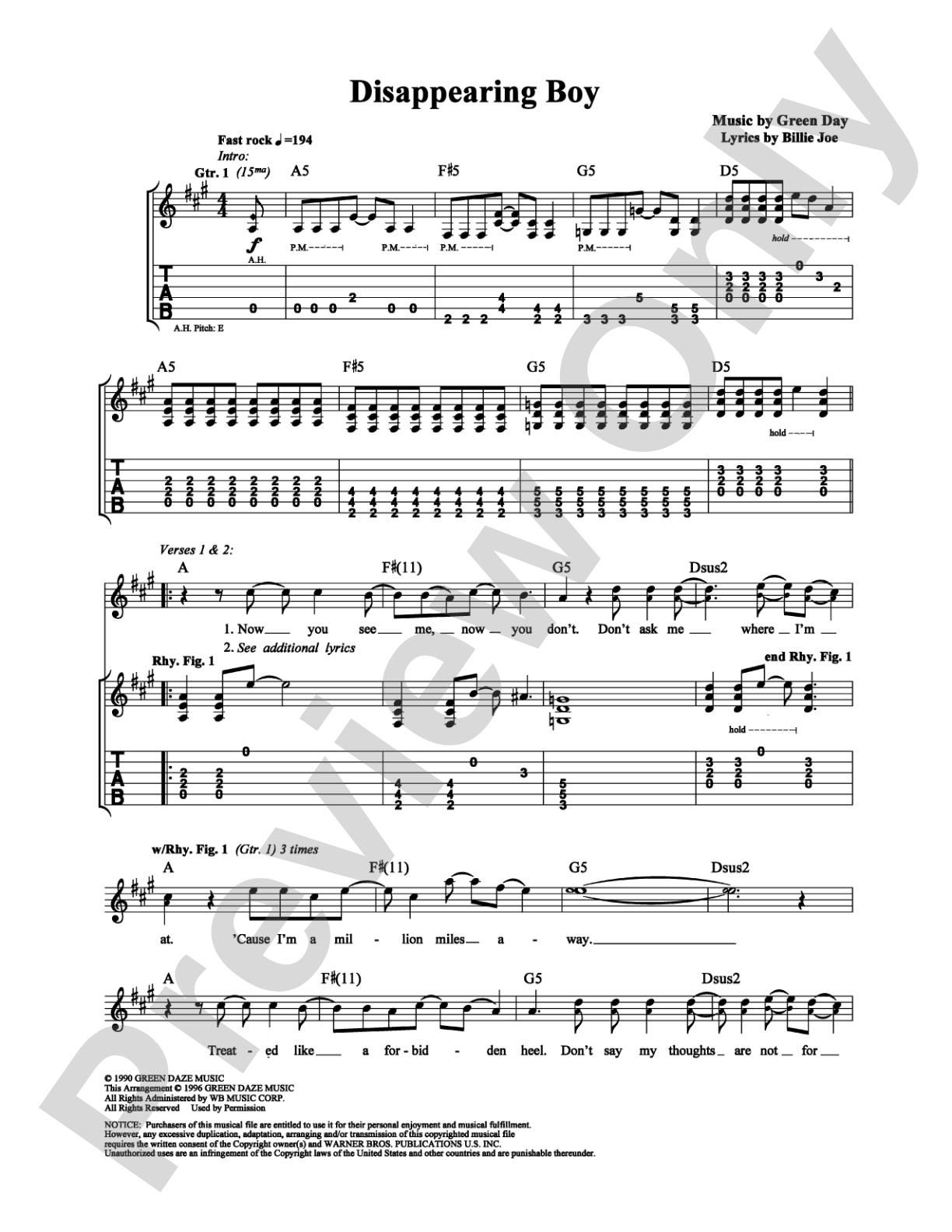 Disappearing Boy: Guitar TAB Digital Sheet Music