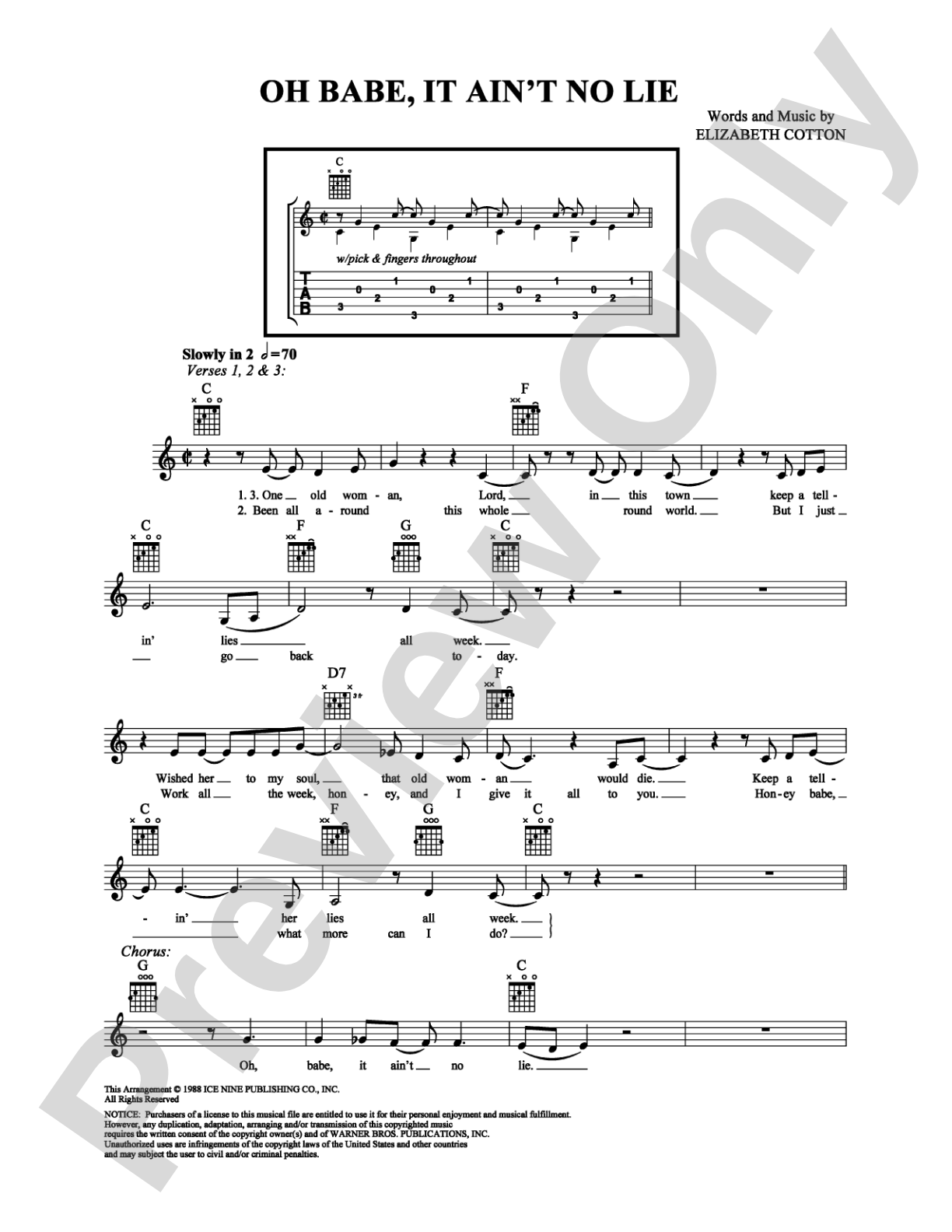 Oh Babe, It Ain't No Lie: Easy Guitar Digital Sheet Music
