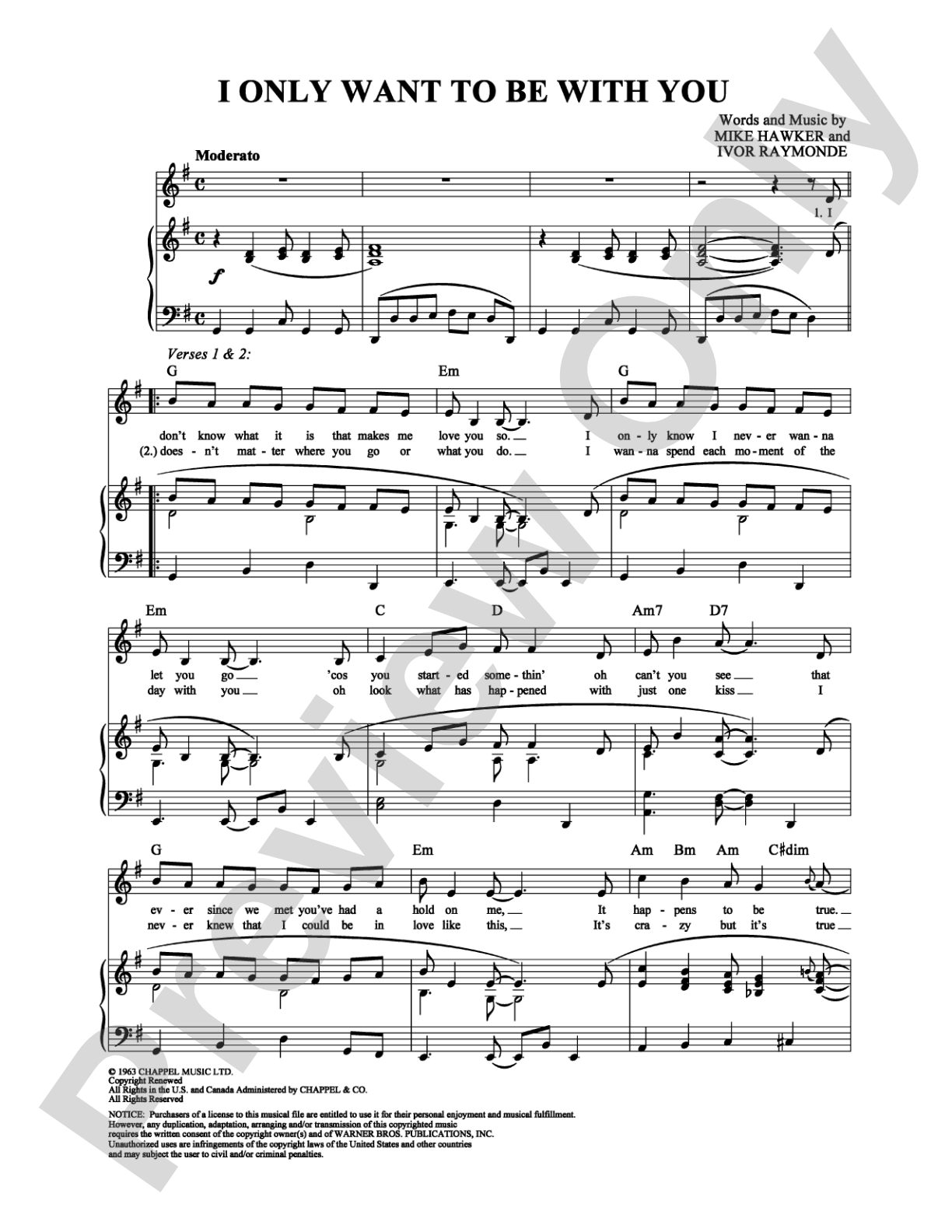 I Only Want to Be With You: Piano/Vocal/Chords Digital Sheet Music