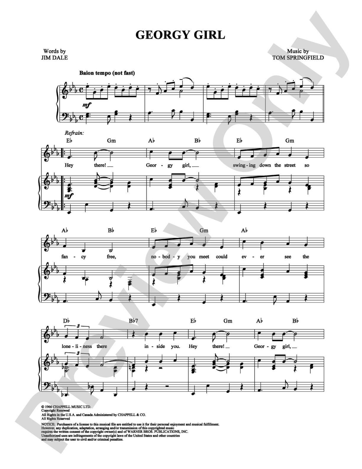 Georgy Girl: Piano/Vocal/Chords Digital Sheet Music