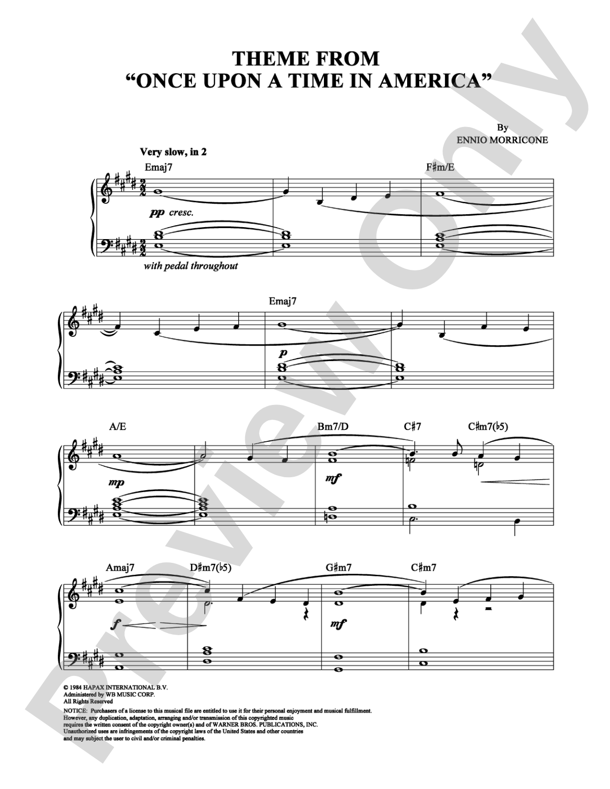 Once Upon a Time in America  (Main Theme): Piano Digital Sheet Music