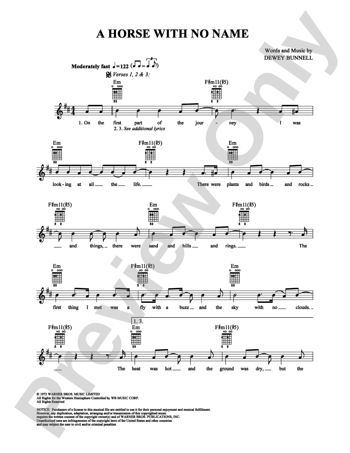A Horse With No Name: Easy Guitar Digital Sheet Music