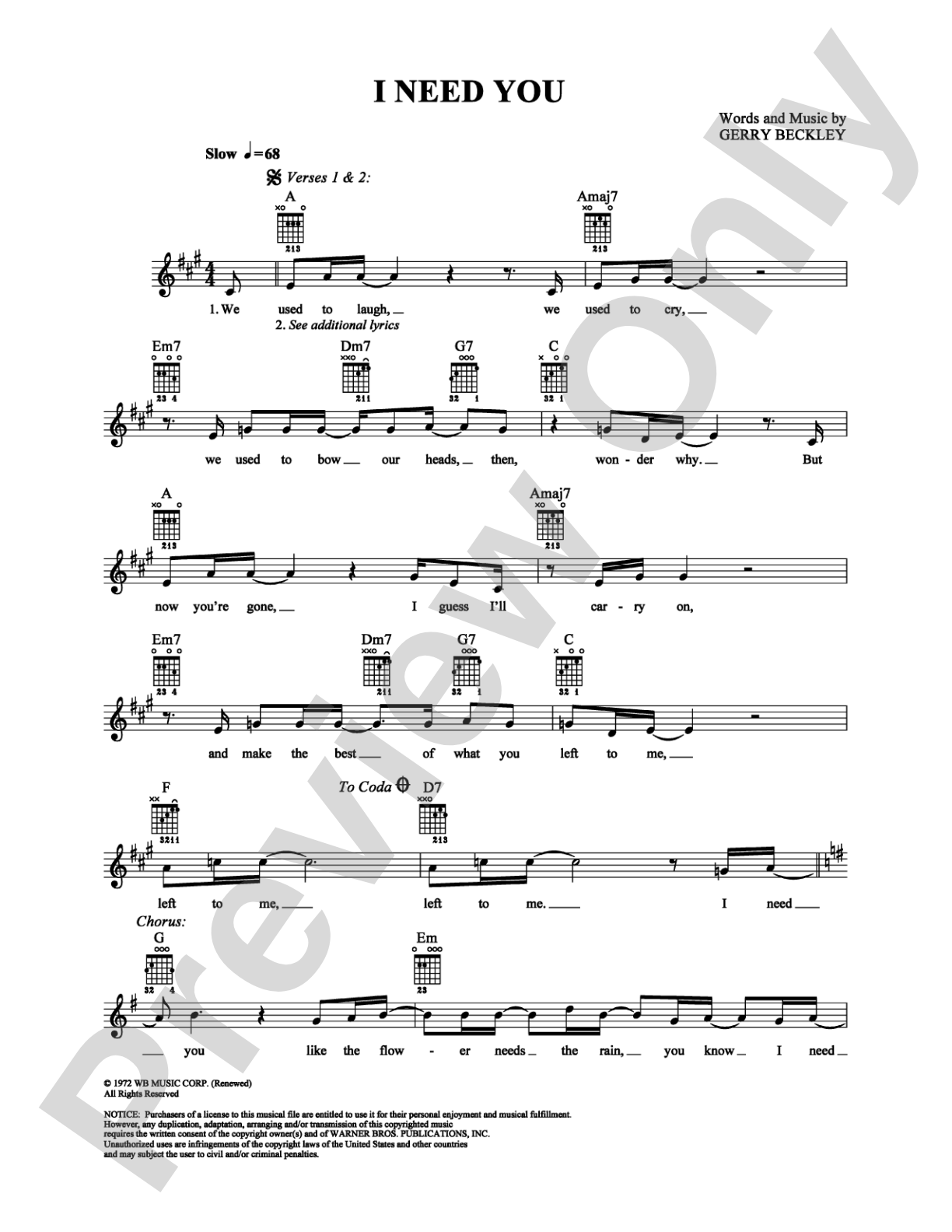 I Need You: Easy Guitar Digital Sheet Music